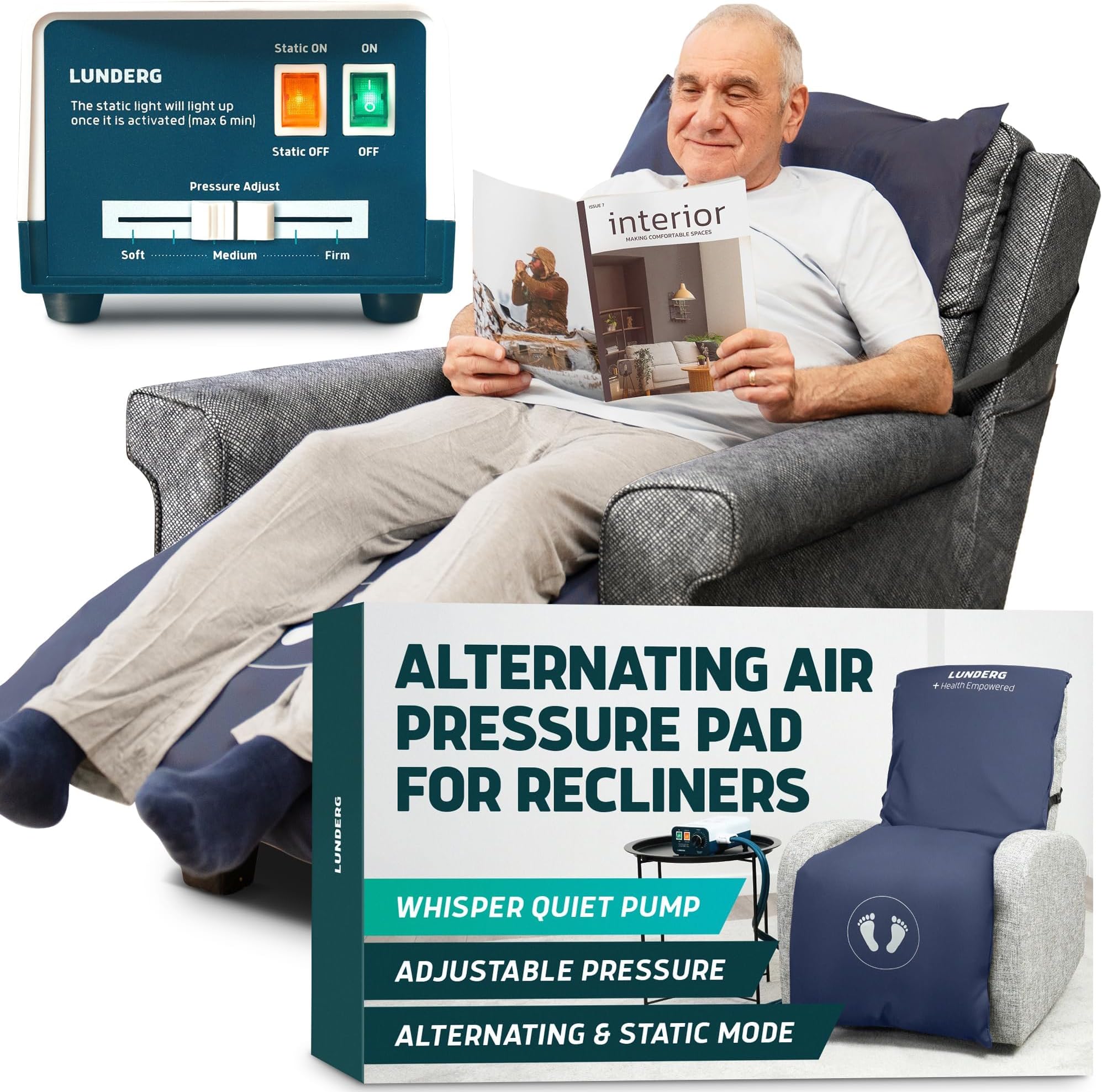 Lunderg Alternating Air Pressure Pad for Recliner Chair - Pressure Relief Cushion Topper - Home or Hospital Bed Sore Prevention - Includes Medical Grade Mattress Pad, Cover & Quiet Pump - Medium-Firm