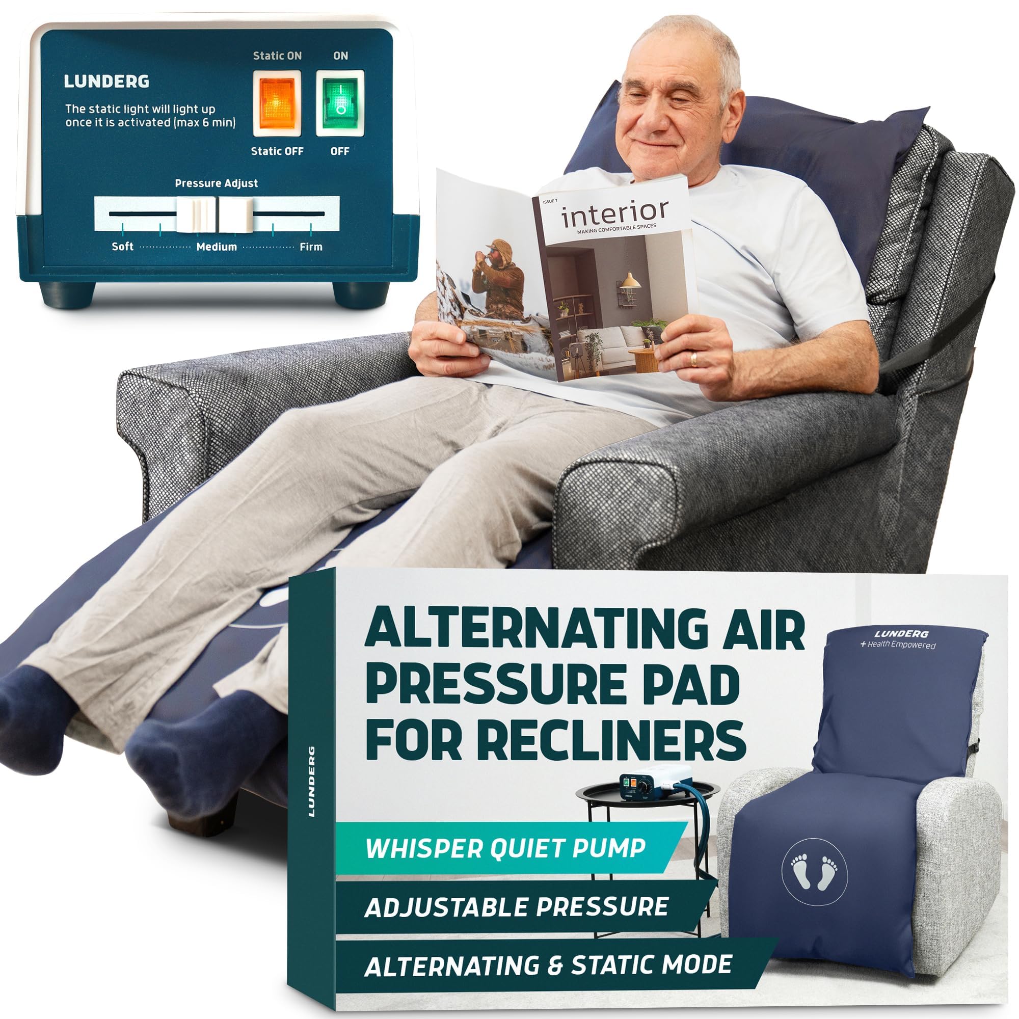 Lunderg Alternating Air Pressure Pad for Recliner Chair - Pressure Relief Cushion Topper - Home or Hospital Bed Sore Prevention - Includes Medical Grade Mattress Pad, Cover & Quiet Pump - Medium-Firm