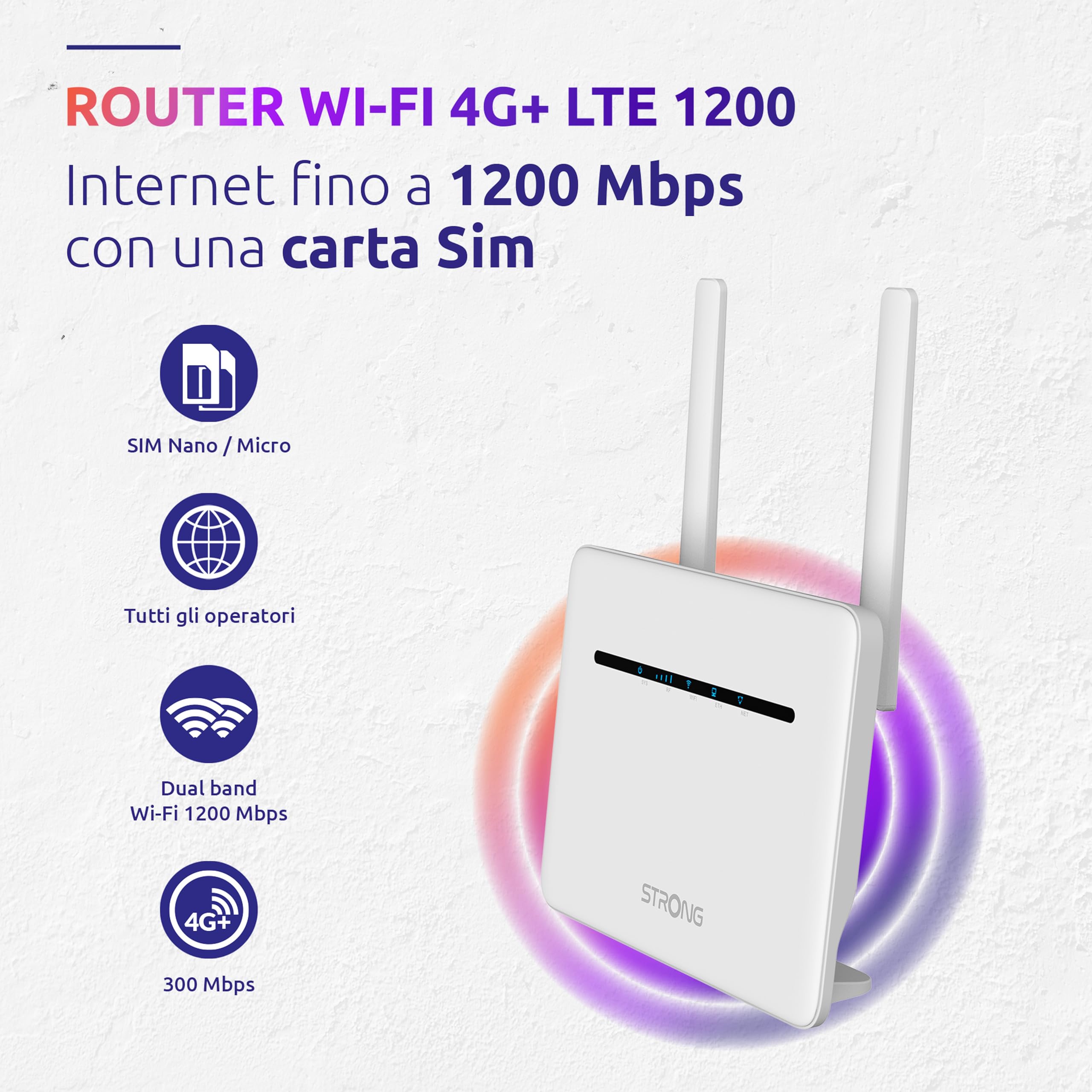 STRONG - Router 4G+ LTE 1200 - Hotspot Mobile - Fino a 300 Mbps 4G / 1200 Mbps Wi-Fi - Ideale per IPTV, Streaming HD, Gaming - 4 Porte LAN Gigabit - Compatibile con tutte le SIM