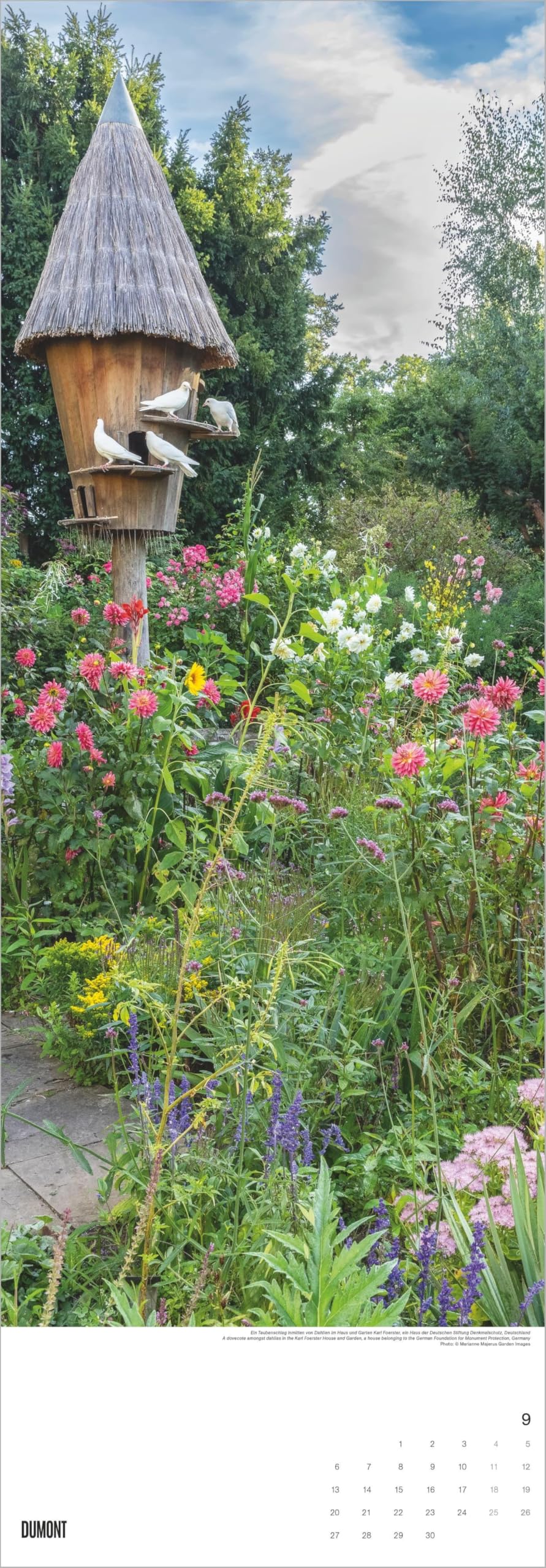 Gärten 2027: Wandkalender 34x98 cm mit 12 Gartenfotografien und sprachneutralem Kalendarium