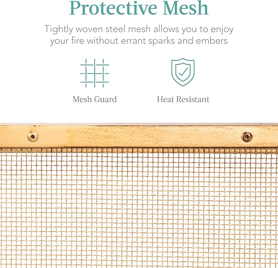 Best Choice Products 38x27in Single Panel Fireplace Screen Handcrafted Steel Mesh Spark Guard for Living Room, Bedroom Decor w/Handles - Antique Gold