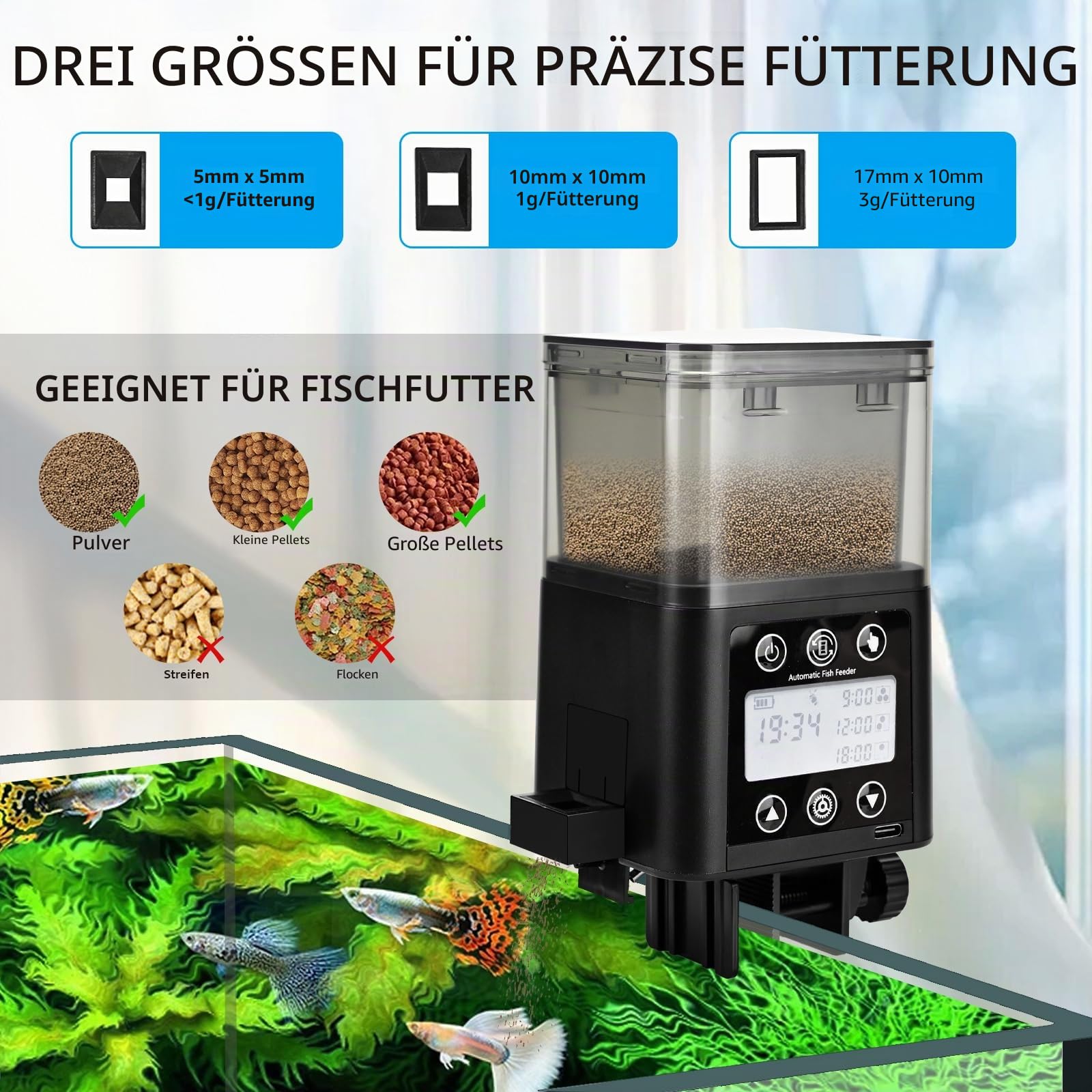 Podazz Futterautomat Aquarium – Wiederaufladbarer Zeitgesteuerter Fischfutterspender mit LCD-Display, 320 ml perfekt für Wochenenden und Feiertage - Schwarz