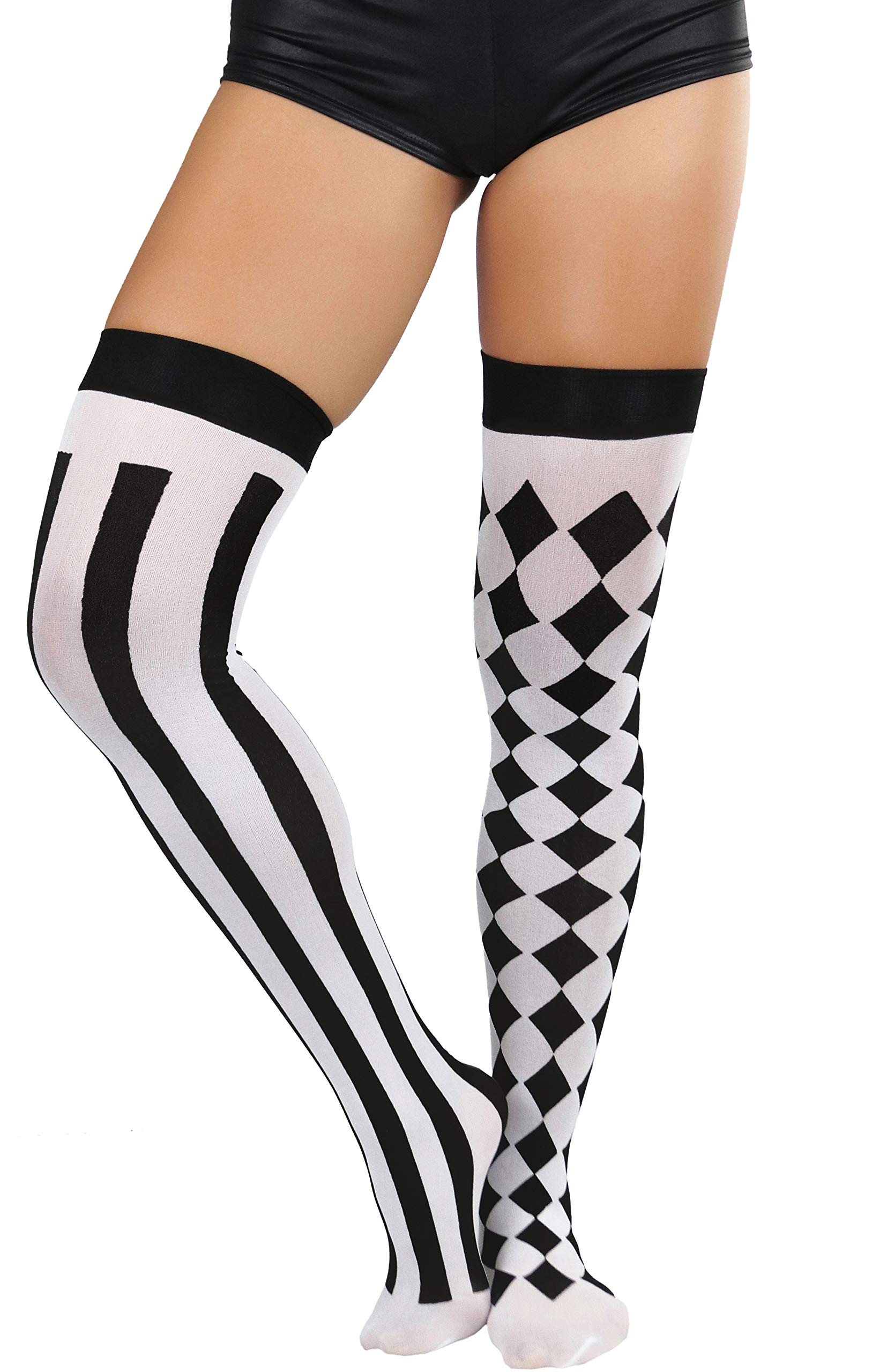 ToBeInStyle Women's Harlequin Jester Thigh High Stockings Playing Card Checkered Opaque Halloween Costume Hosiery