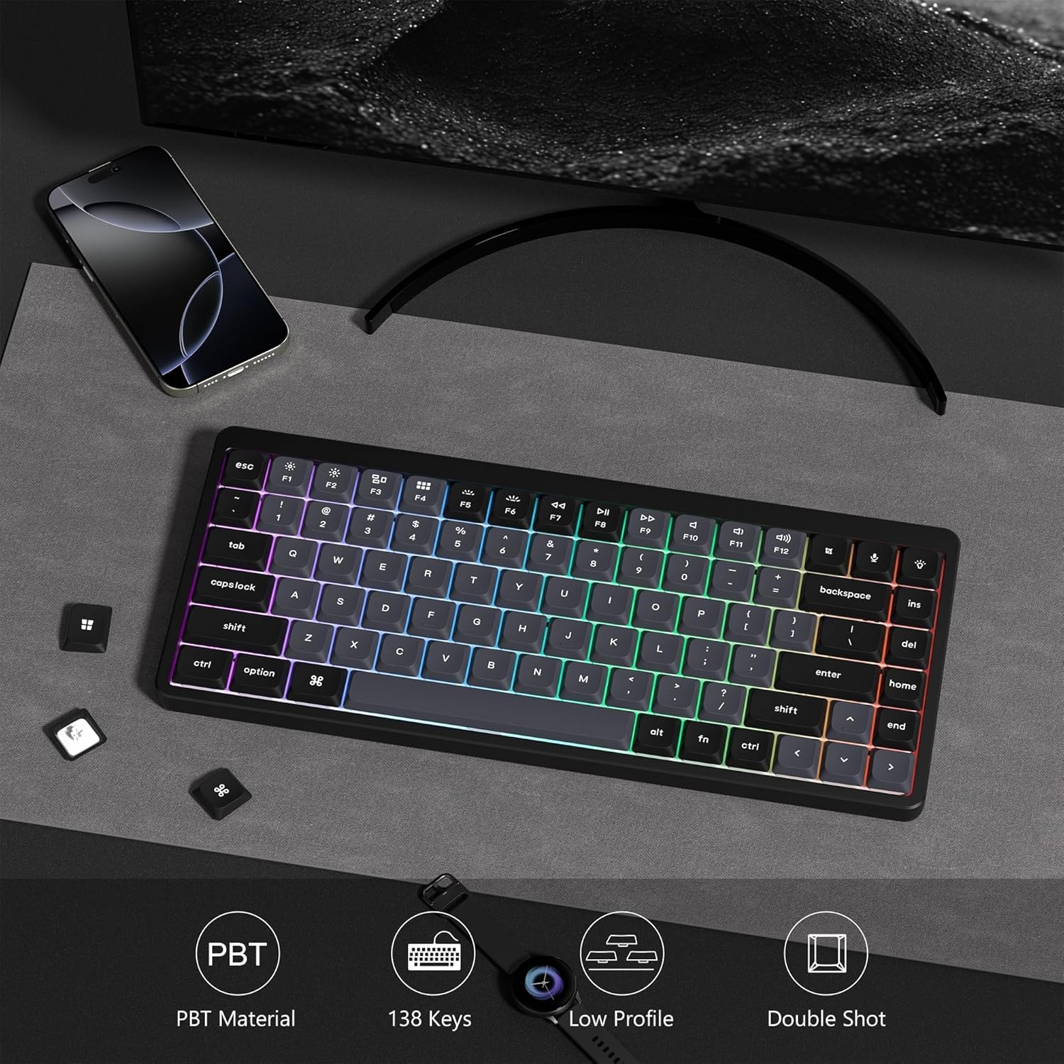 Low Profile Keycaps, Double Shot PBT Touches 60 75 100%, PC Transparent Gris foncé/Violet pour la Plupart des commutateurs MX Clavier mécanique (Touches Uniquement)
