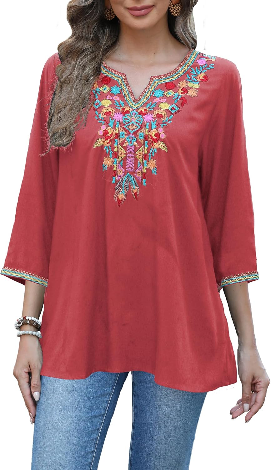 Grosy 3/4 Sleeve Embroidered Mexican Tunic Tops for Women Plus Size Boho Peasant Blouses Bohemian Tunics Hippie Shirts - Image 4