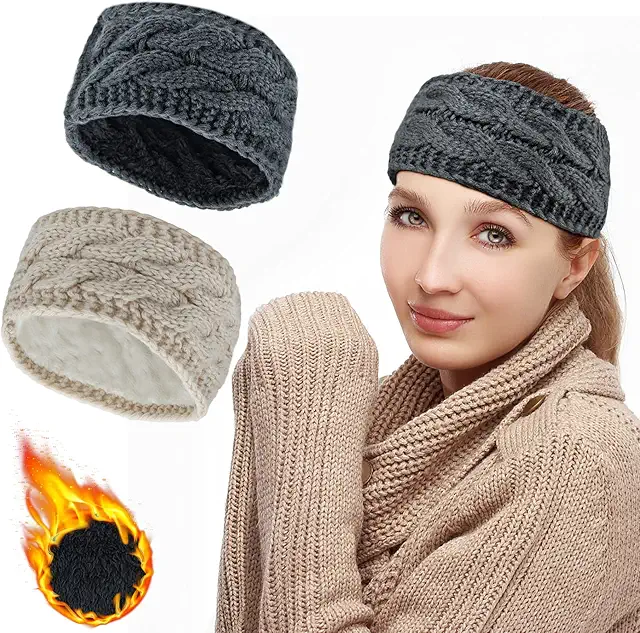 Women's Winter Knitted Headband - Fleece Warm Elastic Cable Headband (Beige + Dark Grey)