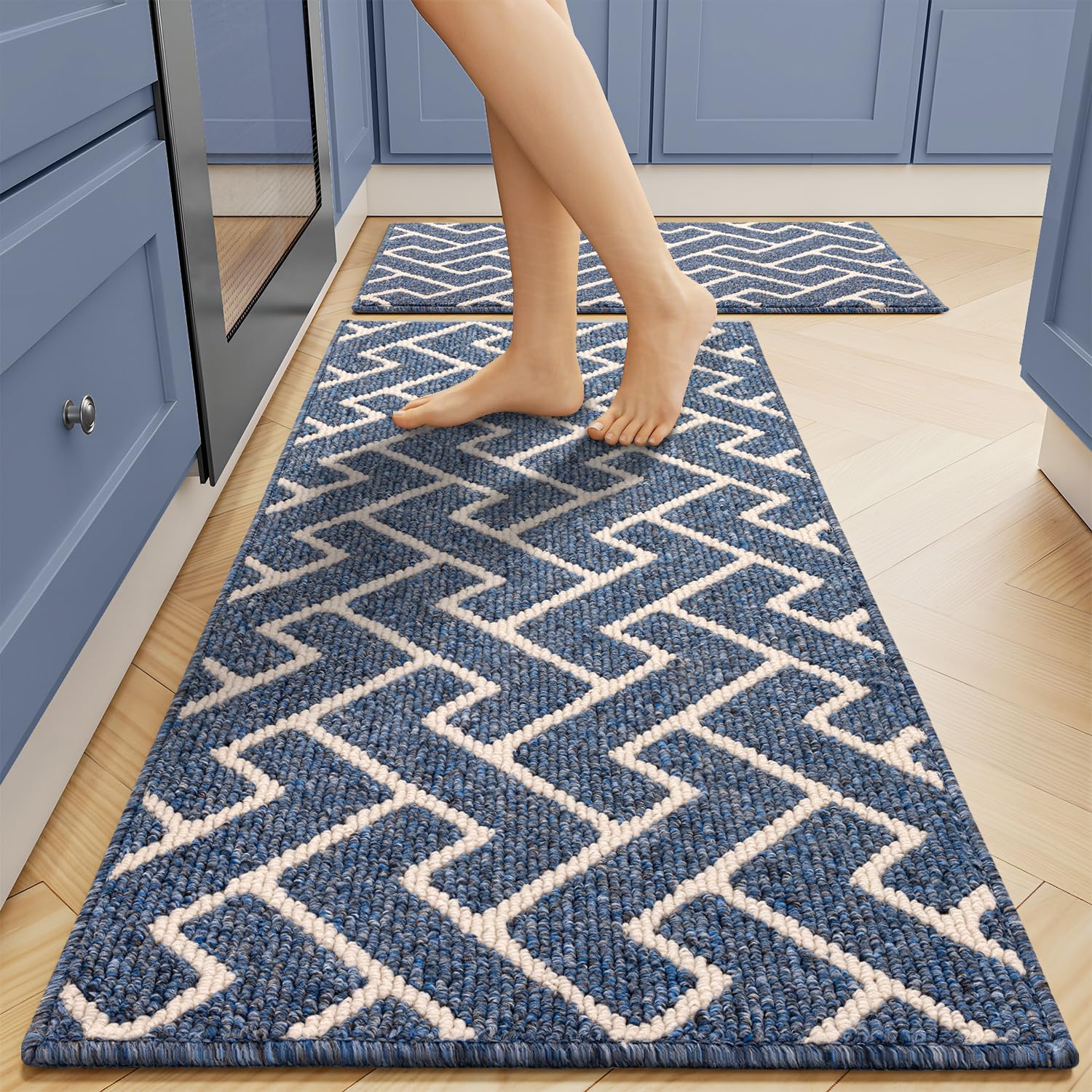Biscpro Kitchen Rug Set 2 Pieces, Washable Non-Slip 100% Polypropylene Kitchen Floor Mats, Super Absorbent and Stain-Resistant Floor Runner Rug, Hallway Runner, Entryway(Blue,50x80+50X120cm)