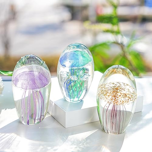 Miniatura 7 de QFkris Pisapapeles de medusas de vidrio soplado a mano, medusas en decoración de vidrio, figura de pez gelatina, decoración artística, regalos para