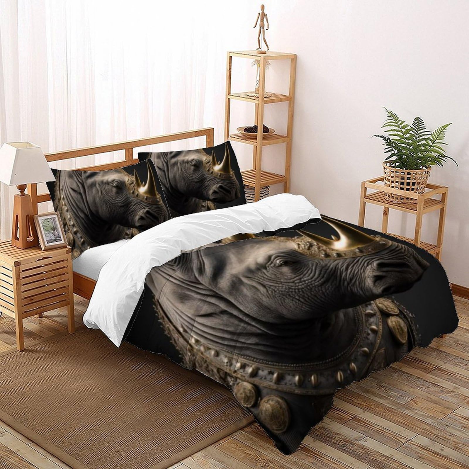 Housse de couette 200x200 animaux rhinocéros avec taie d'oreiller pour parure de lit enfant