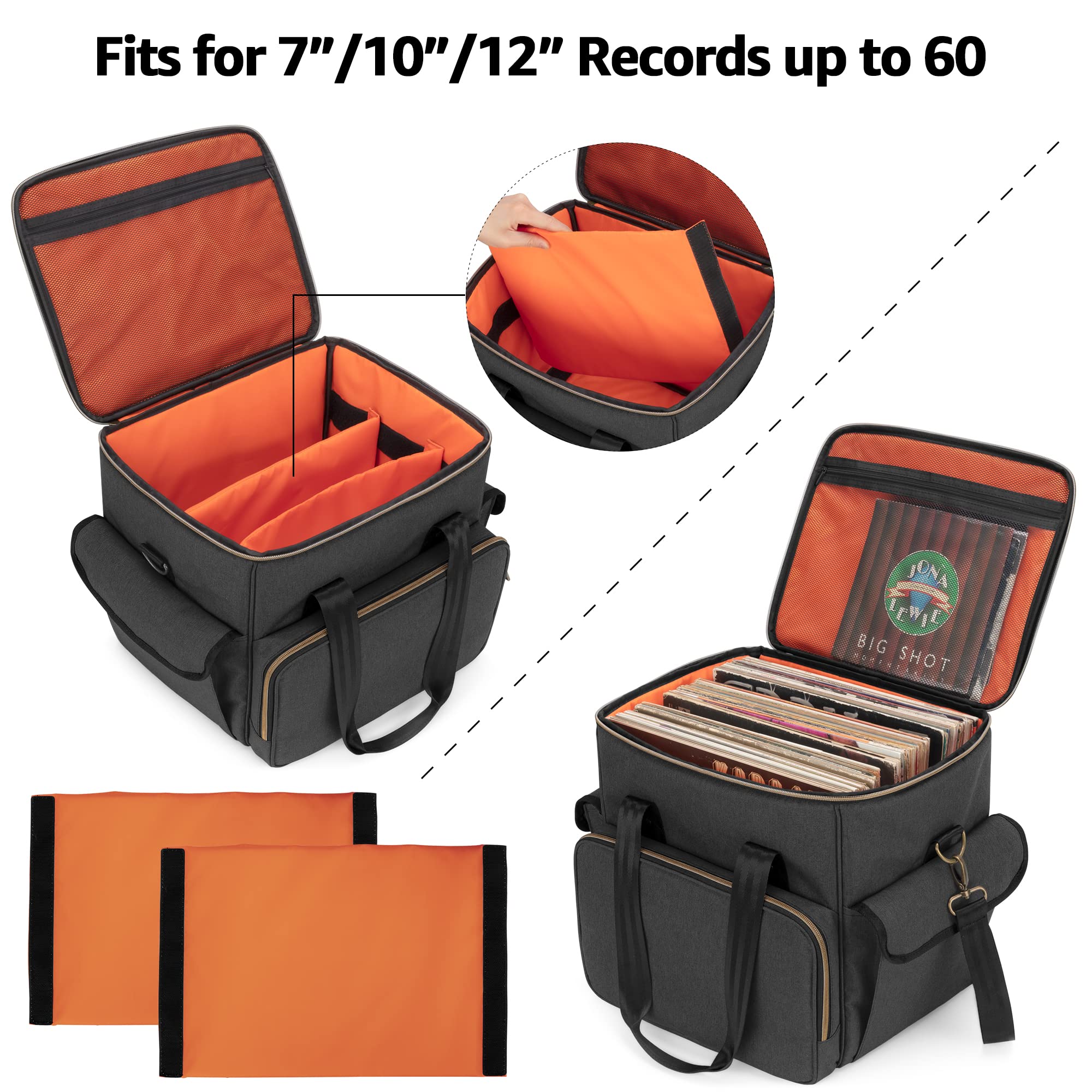 Trunab Borsa per Dischi Vinile in Nylon Impermeabile Leggera Robusta di Grande Capacità - Compatibile con 60 LP, Ideale per Trasportare Vinili con Tracolla e Maniglia