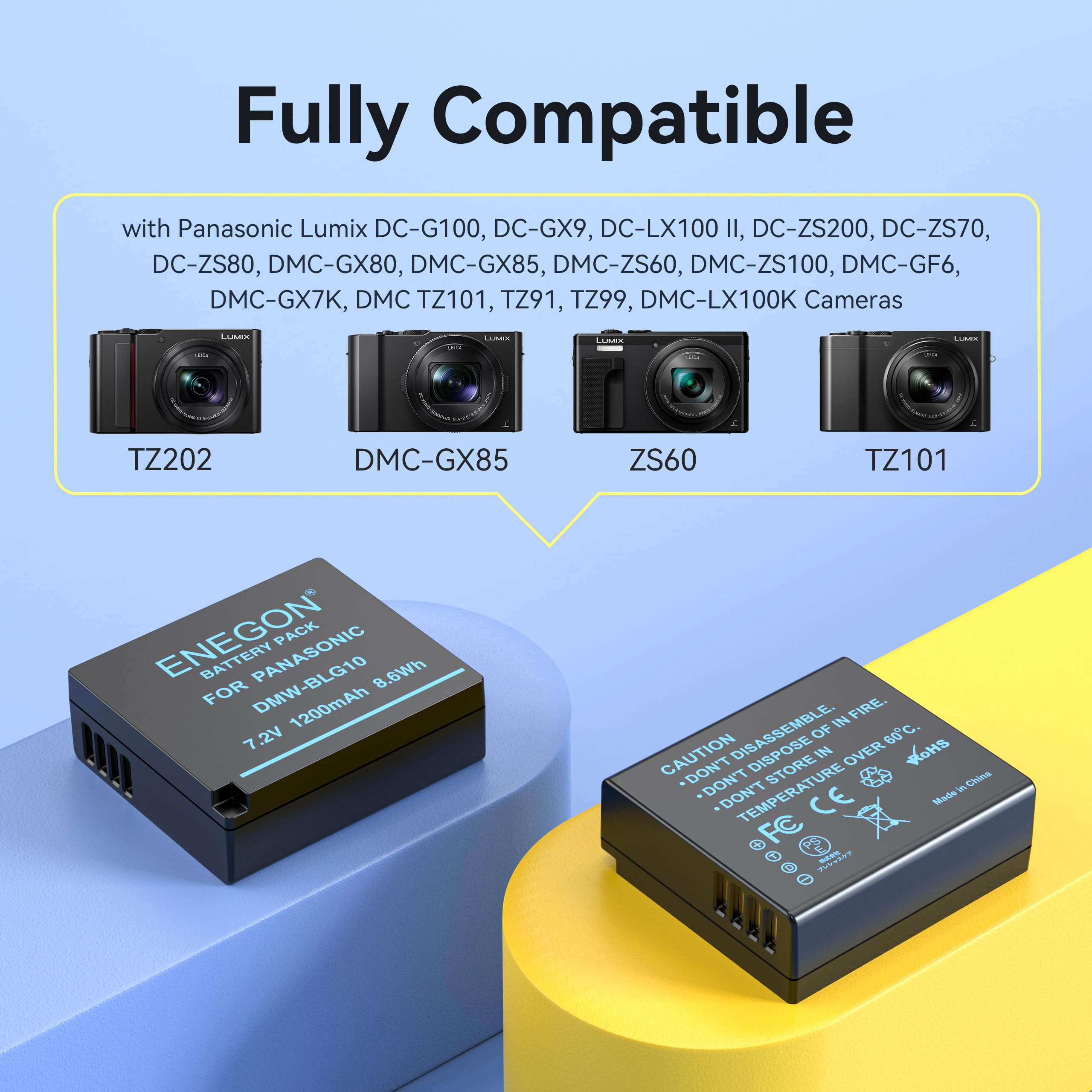 ENEGON Pack da 2 DMW-BLE9 DMW-BLG10 1200mAh Batteria e caricabatteria, cavo USB-C e display LCD, per Panasonic Lumix DC-LX100 II, TZ202, TZ101, TZ99, TZ91, TZ81, DMC-GX7, DMC-GX9, DMC-GX80, DMC-GX85