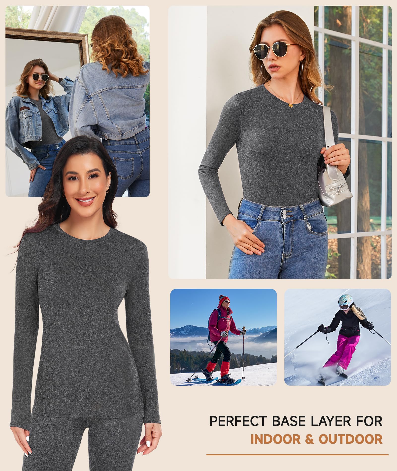 YADIFEN Camicie termiche da donna, foderate in pile, strato termico, a maniche lunghe, ultra morbida, per la stagione fredda, Nero e grigio scuro, confezione da 2, XS