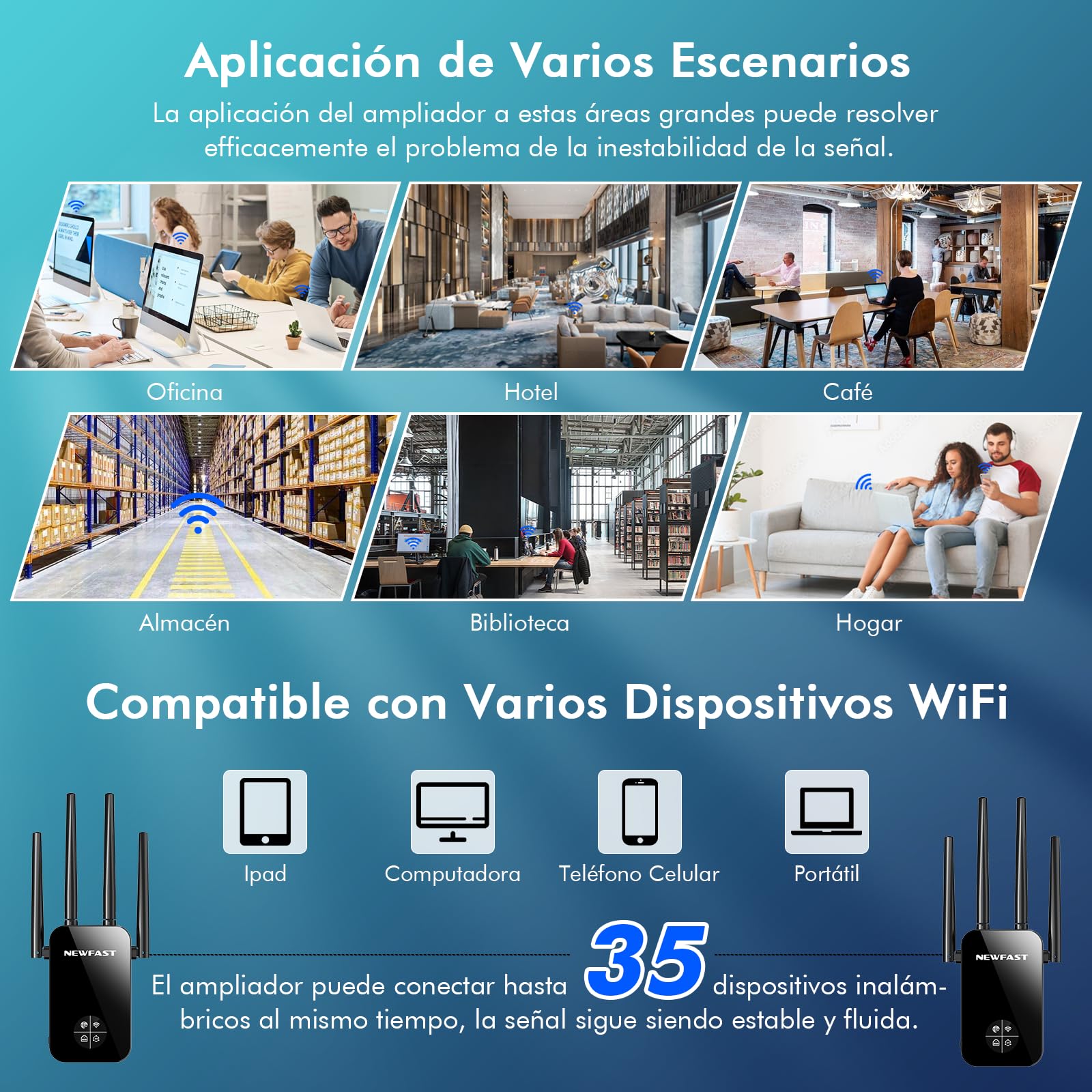 NEWFAST Amplificador Señal WiFi, AC1200 Repetidor WiFi Doble Banda | 5GHz y 2,4GHz, Extensor de Wi-Fi con WPS Botón, Puerto Ethernet, 4 Antena, Pantalla Inteligente, para Casa/Oficina
