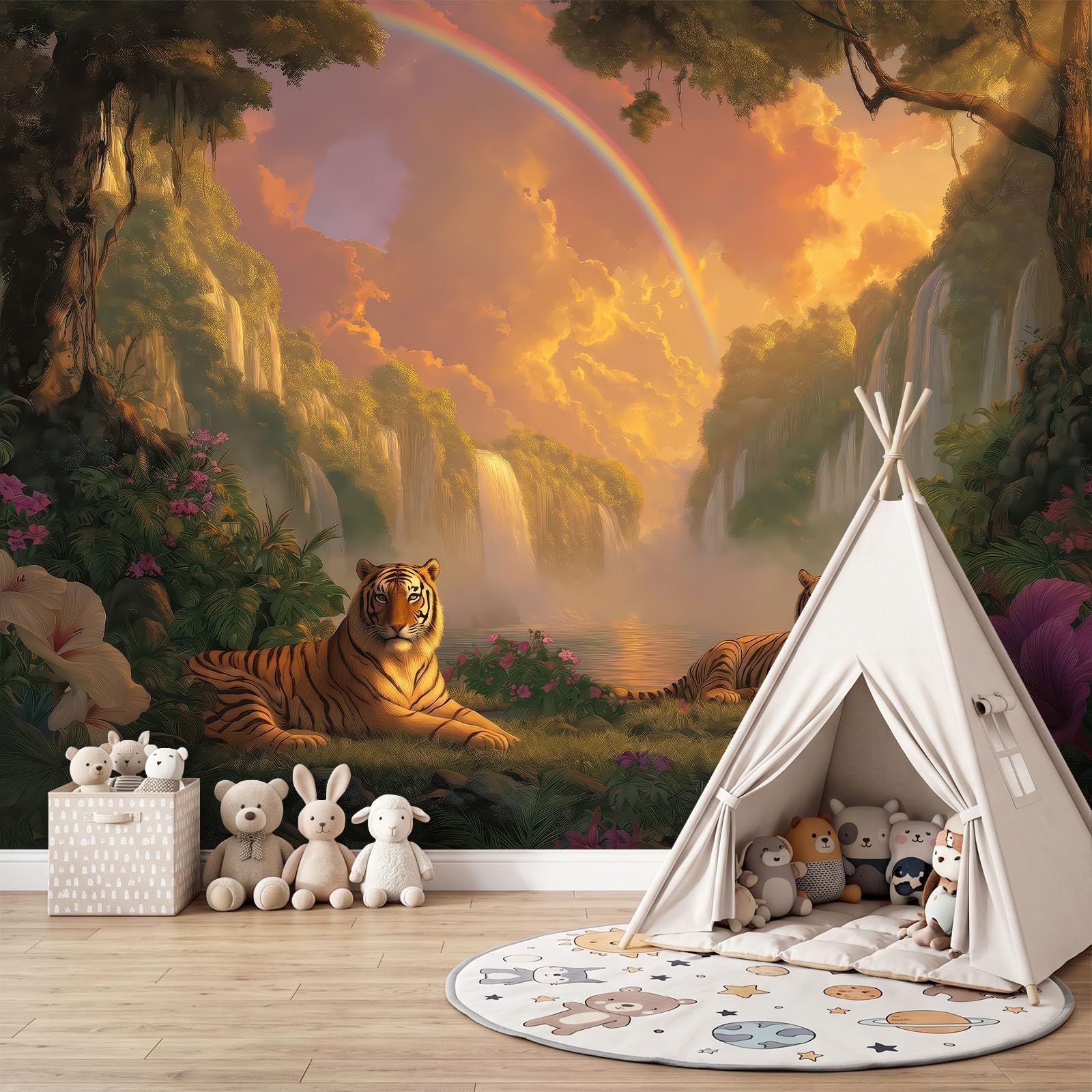 Tapeta 3D efekt panoramiczny obraz ścienny 200 x 140 cm fantastyczne zwierzęta tygrysy dżungla tapeta gobelin panoramiczny plakat salon dekoracja ścienna do pokoju dziecięcego, żółty i niebieski