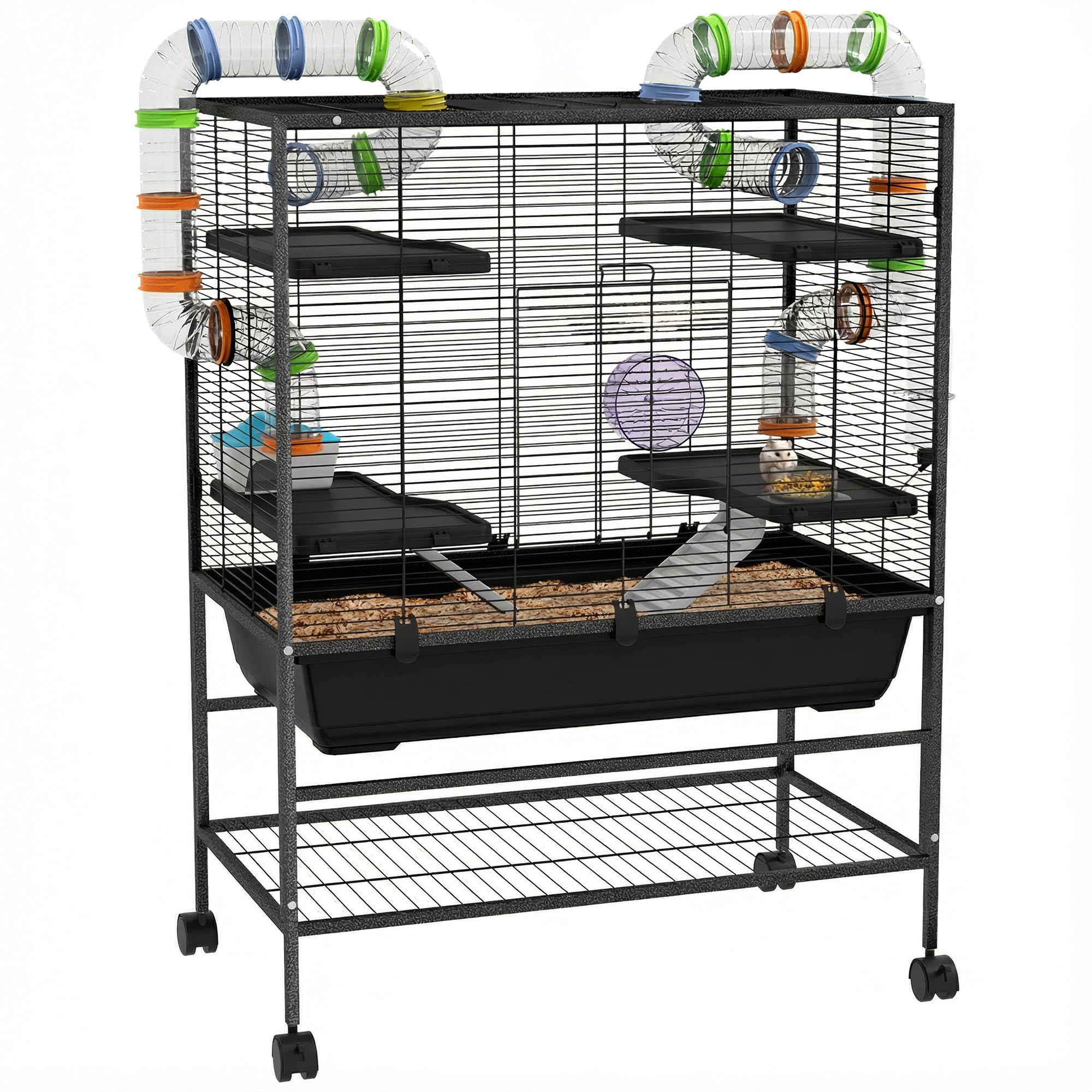 PawHut Large Hamster Cage, Gerbil Cage with Wheels, Tubes, Storage Shelf, Ramps, Running Wheel, Food Dish, Water Bottle, for Syrian Hamster - Black