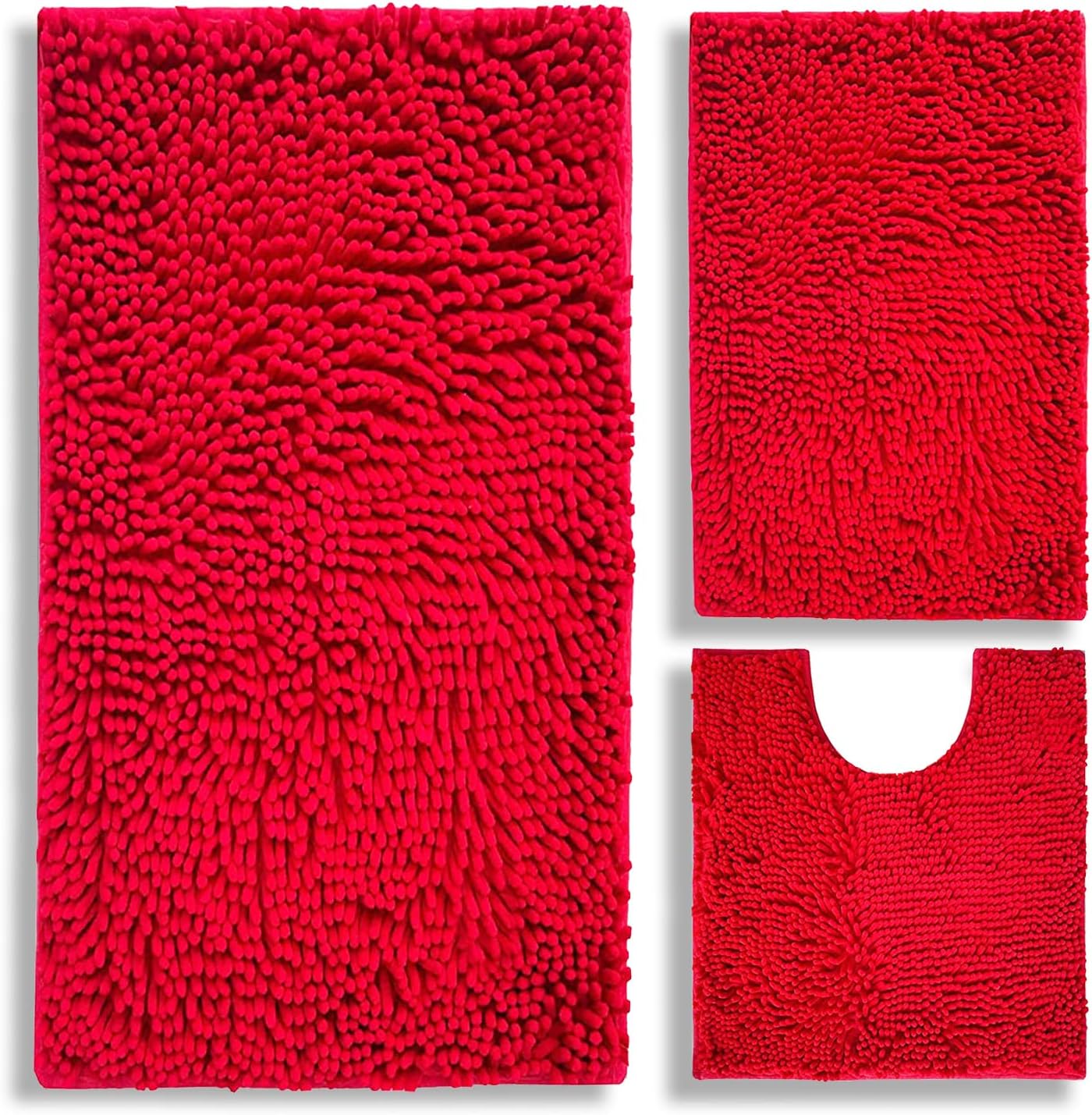 BOANKODU Bathroom Rugs Chenille 3-Piece Extra Soft and Absorbent Shag Bathroom Rugs, Machine Wash Mat, Strong PVC Non-Slip Underside, Plush Carpet Mats (Red)