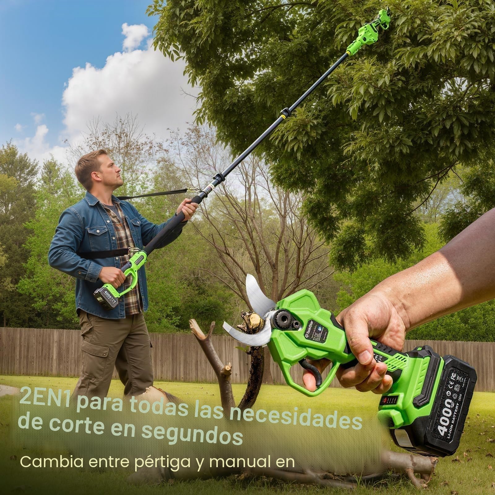 TaskStar Tijeras de Podar Eléctricas Inalámbricas 2 en 1: Diámetro de Corte 40mm Podadora de Poste Sin Escobillas – 2 Baterías de 4000mAh, Hoja SK5 de Repuesto, 4 Modos de Corte para Flores y Árboles