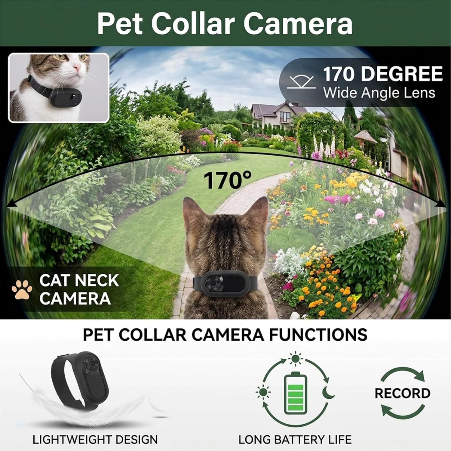 Pet Collar Camera 170 Degree Wide Angle Lens Video Recording Action Camera for Dogs and Cats Indoor Outdoor High Resolution Battery Life Collar Camera Pet Wearable Pet Camera