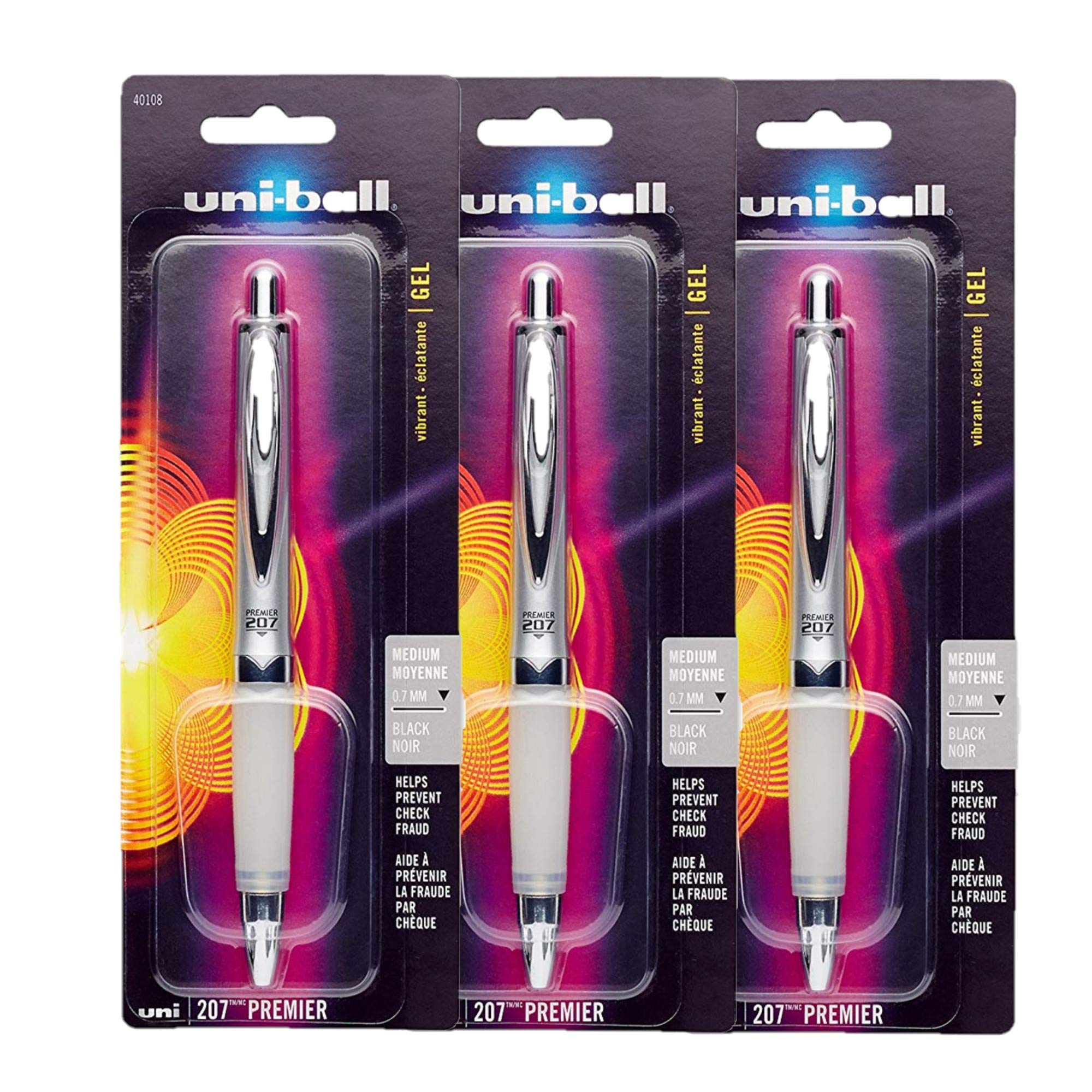 Uni-Ball Premier 40108 207 Gel-Tintenroller, einziehbar, mittlere Spitze, schwarze Tinte, 3 Stück