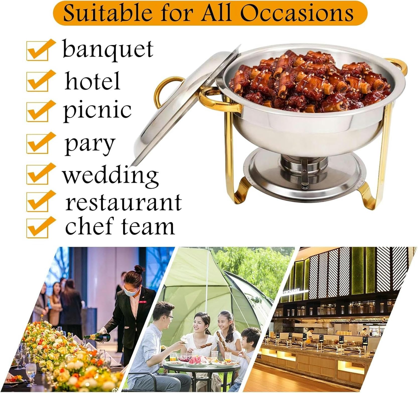Chafing Dish Buffet Set The Heater with Round 4.5 Litre Water Container and a Covered Food Container is Durable and Easy to Clean for Food/Parties/Weddings/Banquets, Gold + Metal