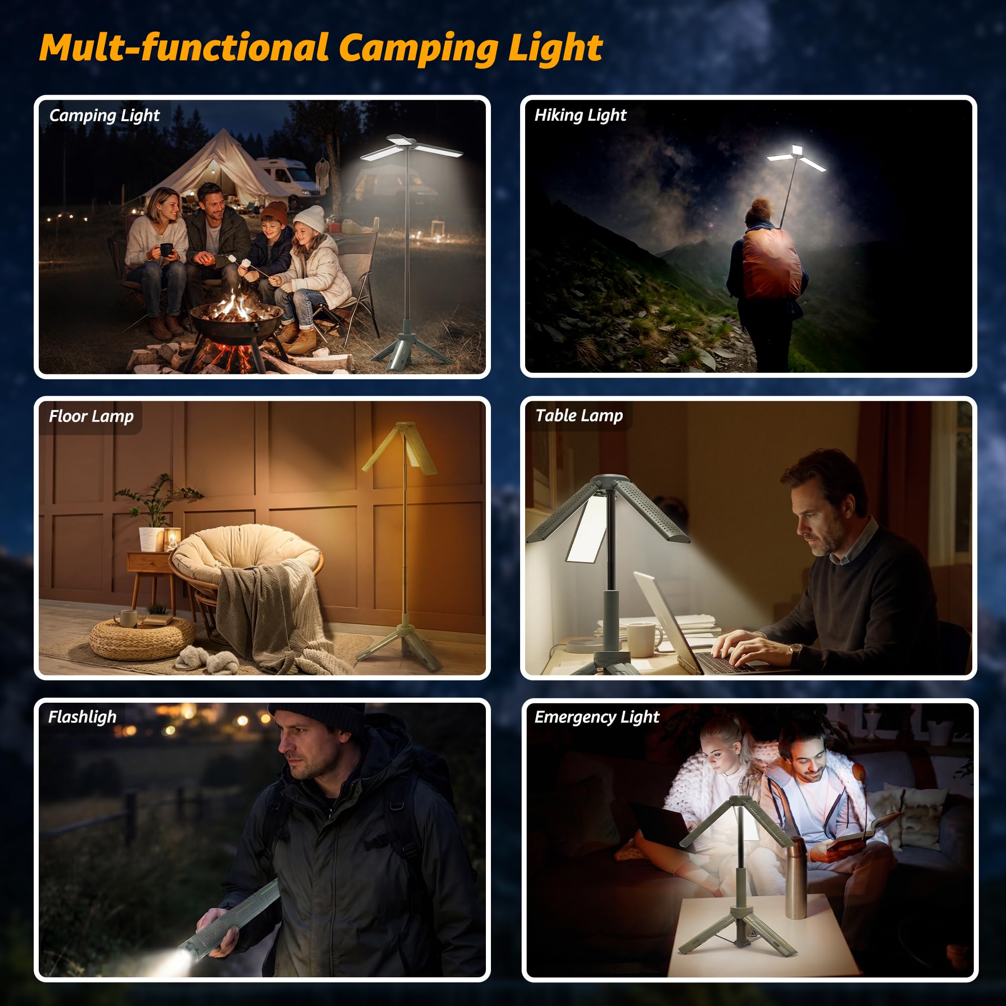 Ollny Teleskop Campinglampe Aufladbar, Camping Lampe Akku mit Stativ, 3 Lichtfarben & Dimmbar, LED Campinglicht mit Taschenlampe & USB Powerbank für Camping, Outdoor, Reise, Wohnwagen