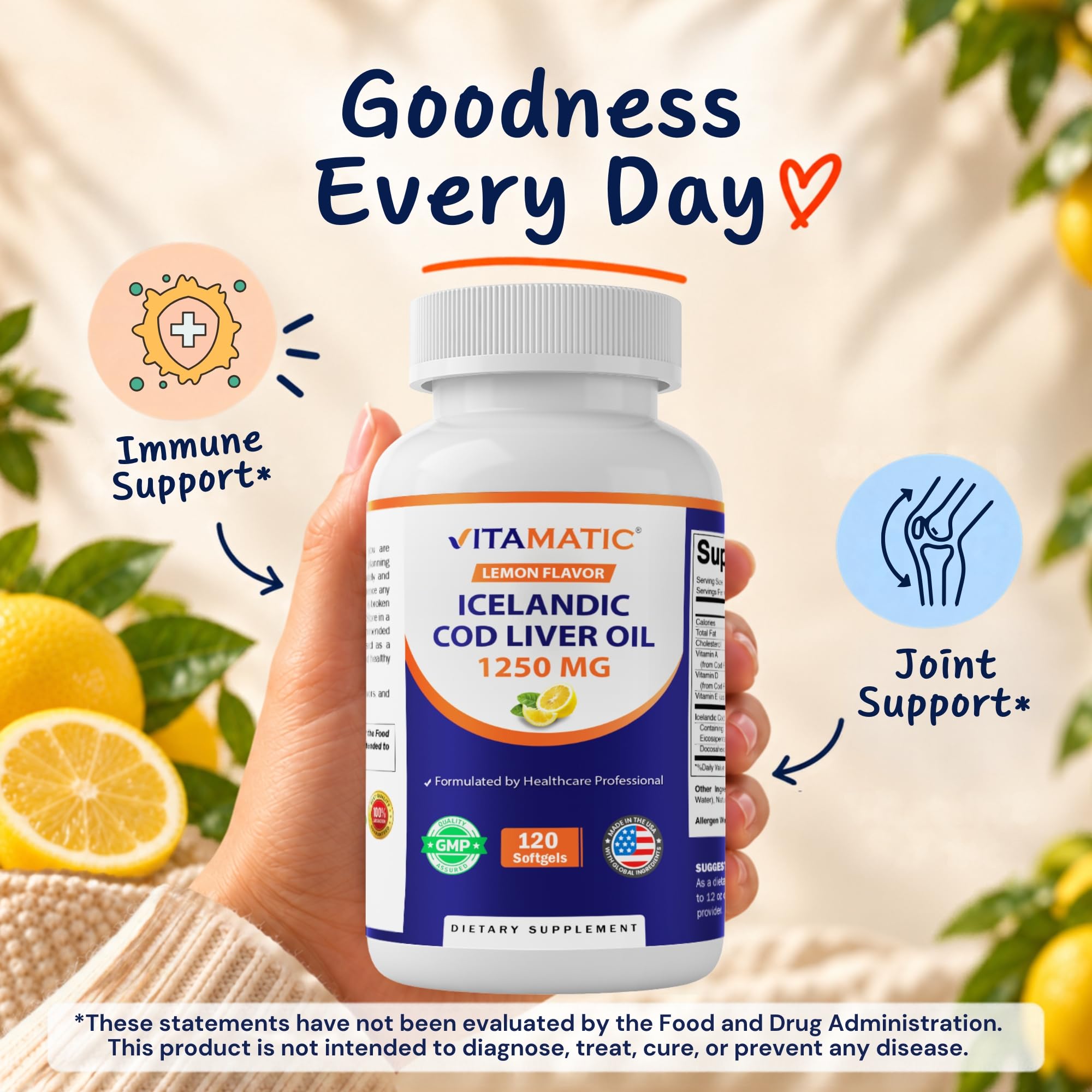Vitamatic Icelandic Cod Liver Oil 1250 mg, Lemon, 120 Softgels, Made in USA — Amazon image 3
