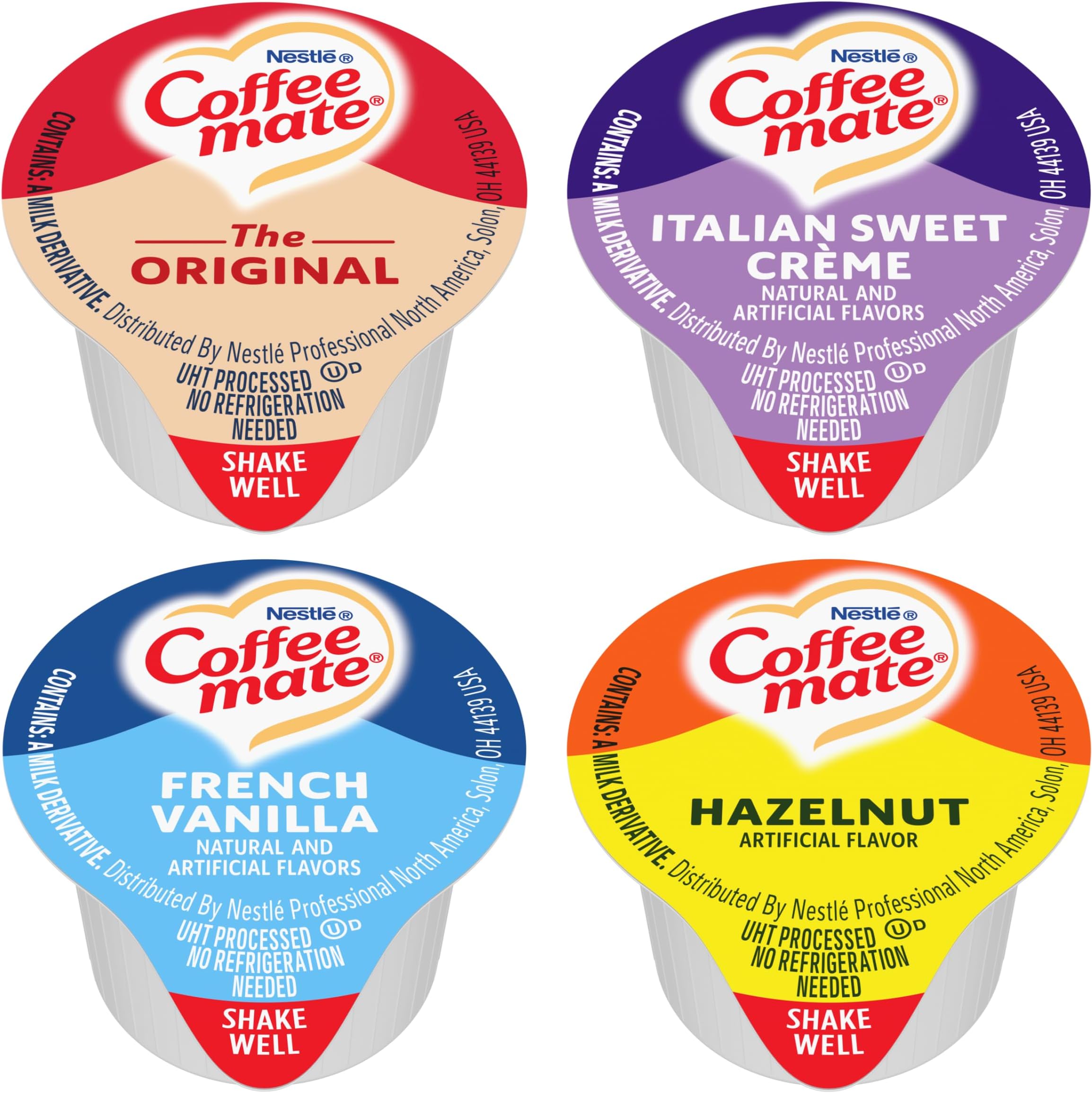 Nestle Coffee mate Liquid .375oz Variety Pack (4 Flavor) 100 Count includes Original, French Vanilla, Hazelnut, Italian Sweet Crème