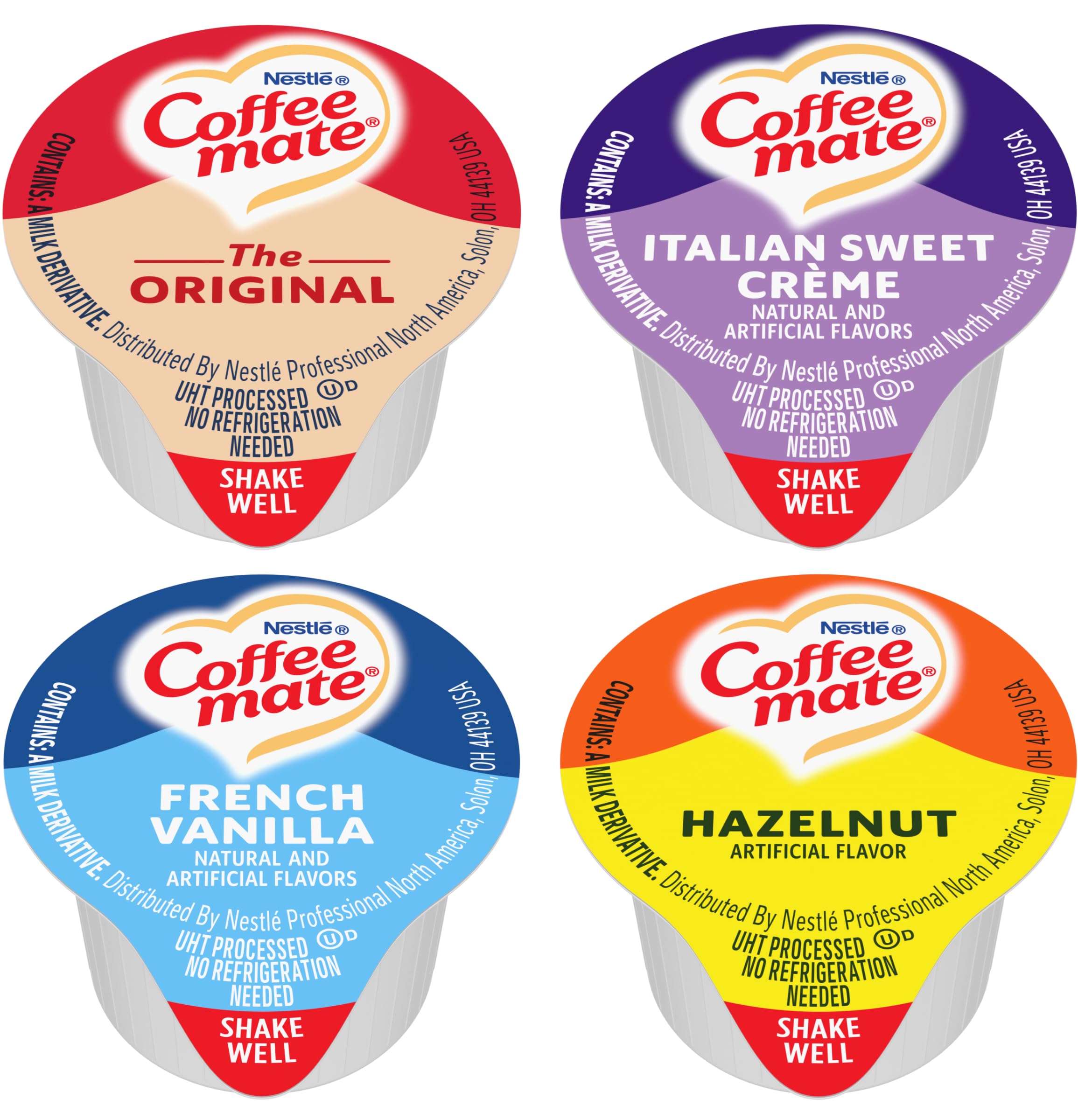 Nestle Coffee mate Liquid .375oz Variety Pack (4 Flavor) 100 Count includes Original, French Vanilla, Hazelnut, Italian Sweet Crème