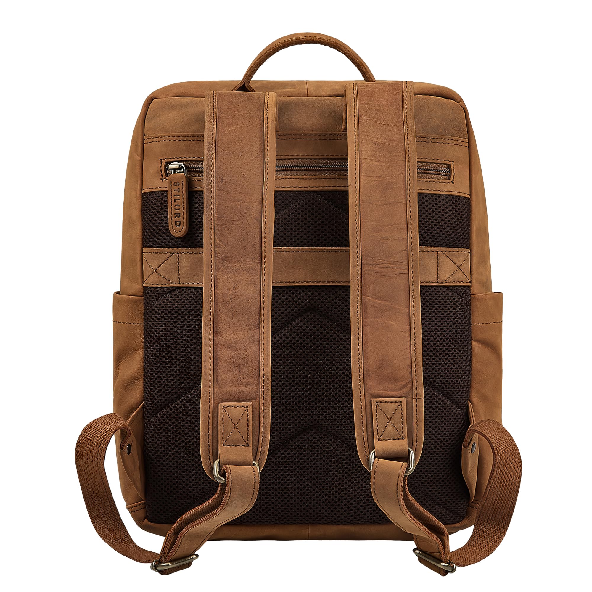 STILORD "Maurizio" Duży Męski Plecak Biznesowy ze Skóry Naturalnej na laptopa 15,6 cala Backpack do Pracy na Uczelnię z Uchwytem na Walizkę Elegancki Daypack Skórzany Kolor:tan-ciemny-brąz
