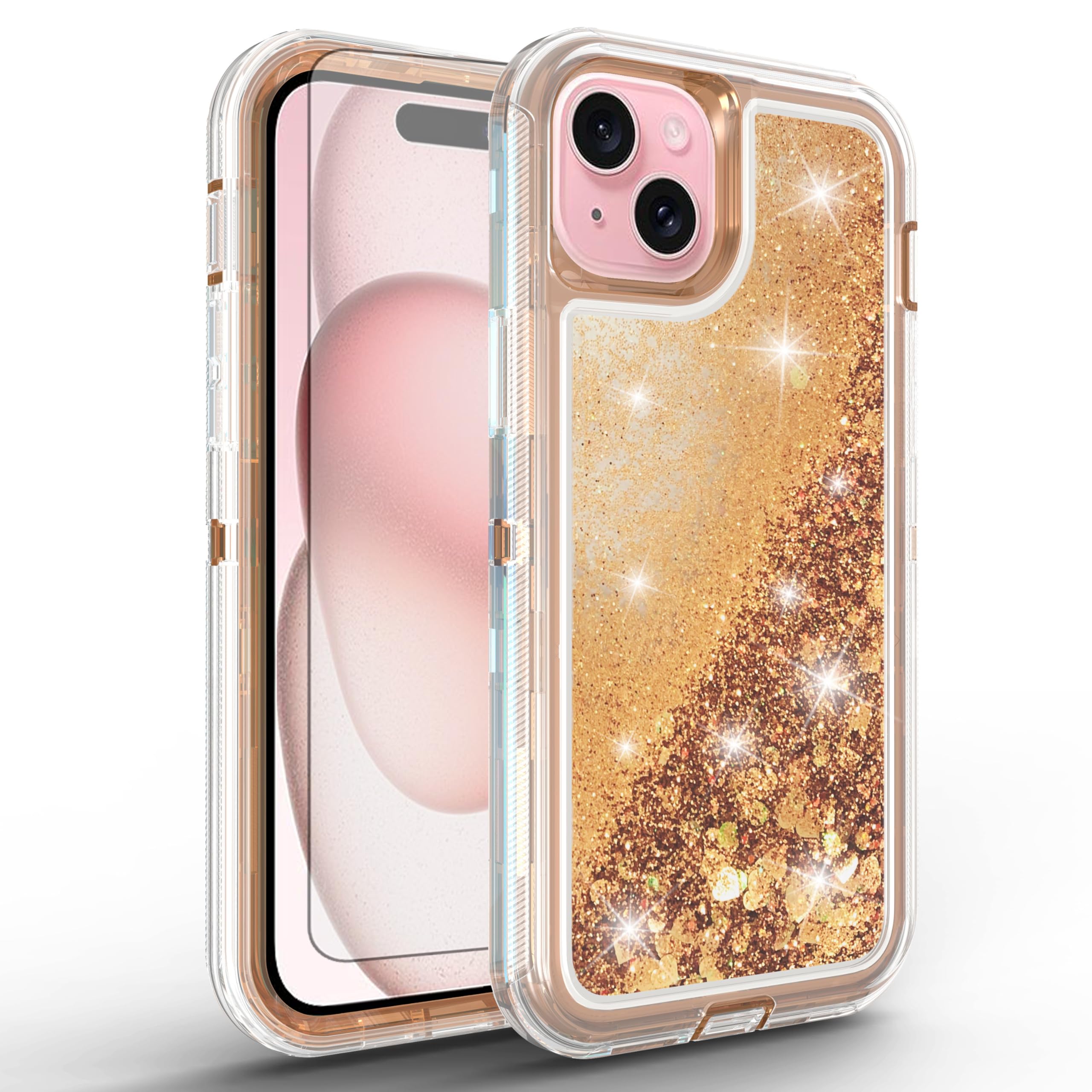 Coque iPhone 15 Plus 6,7" antichoc robuste i15+ pailleté liquide rose
