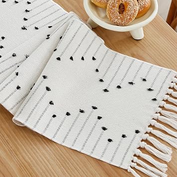 Wracra Boho Table Runner, Black Woven Table Runners 48 Inches Long