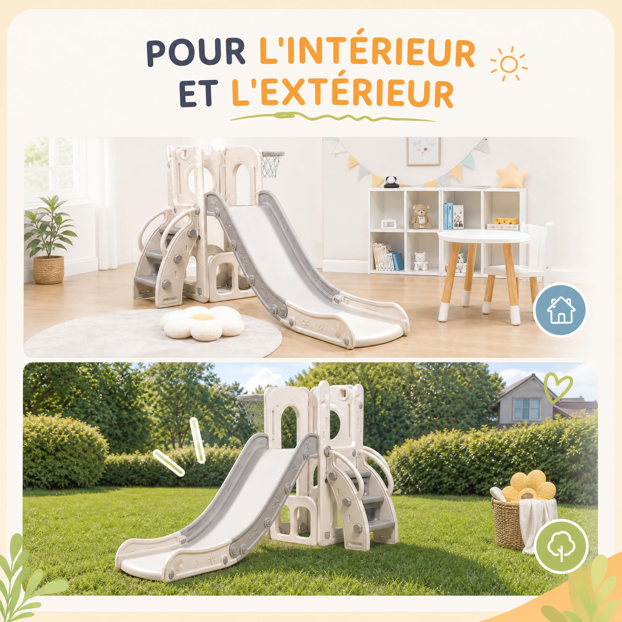hotsizz Toboggan Enfant utilisable en intérieur et extérieur Toboggan 4 en 1 équipé d’Un Panier de Basket, d’Un bac de Rangement et d’escaliers d’Escalade,Longueur du Toboggan 136 cm