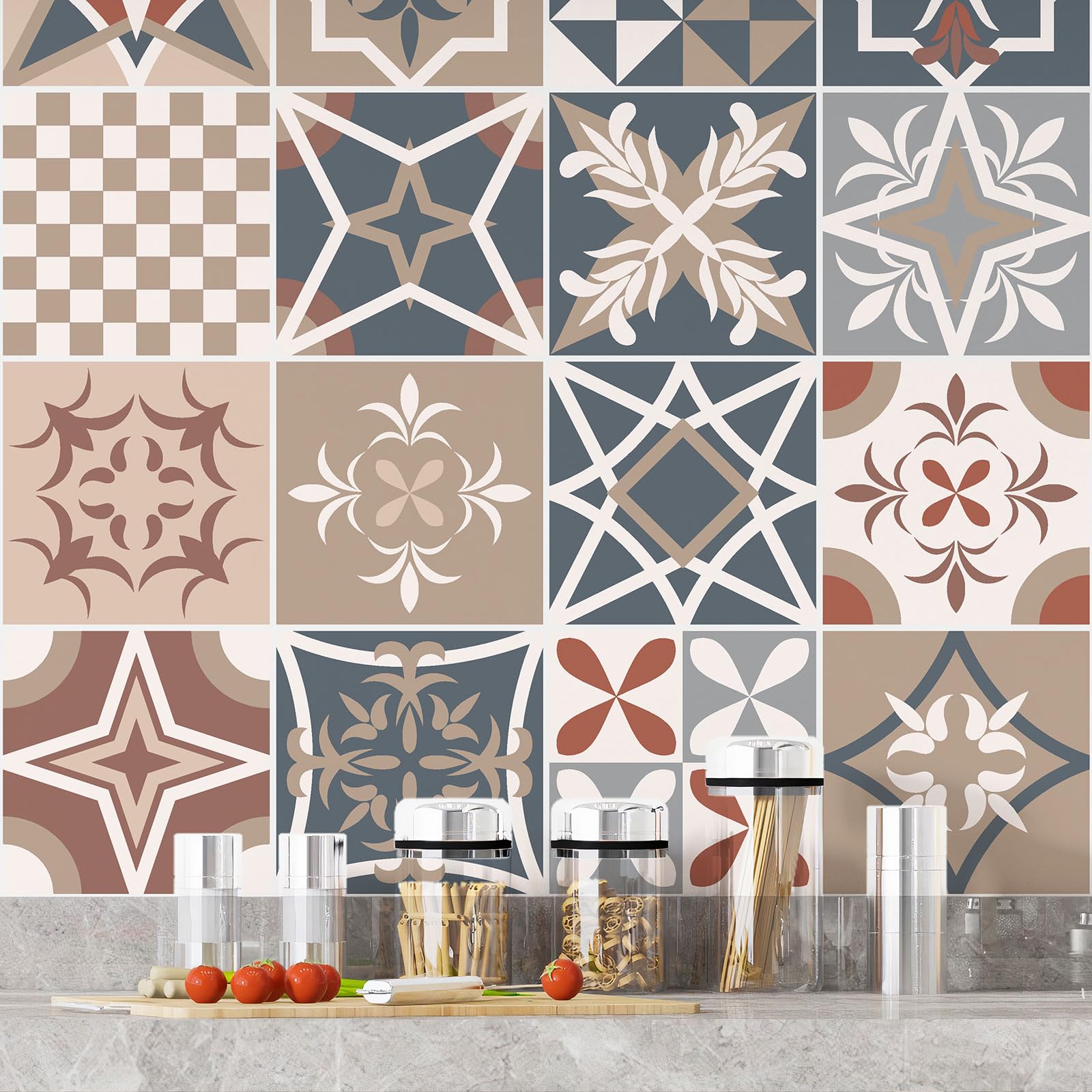 Lumalea Adesivo per cucina, effetto piastrelle di cemento, 3617681257035, adesivo + protezione opaca, 90 x 90 cm