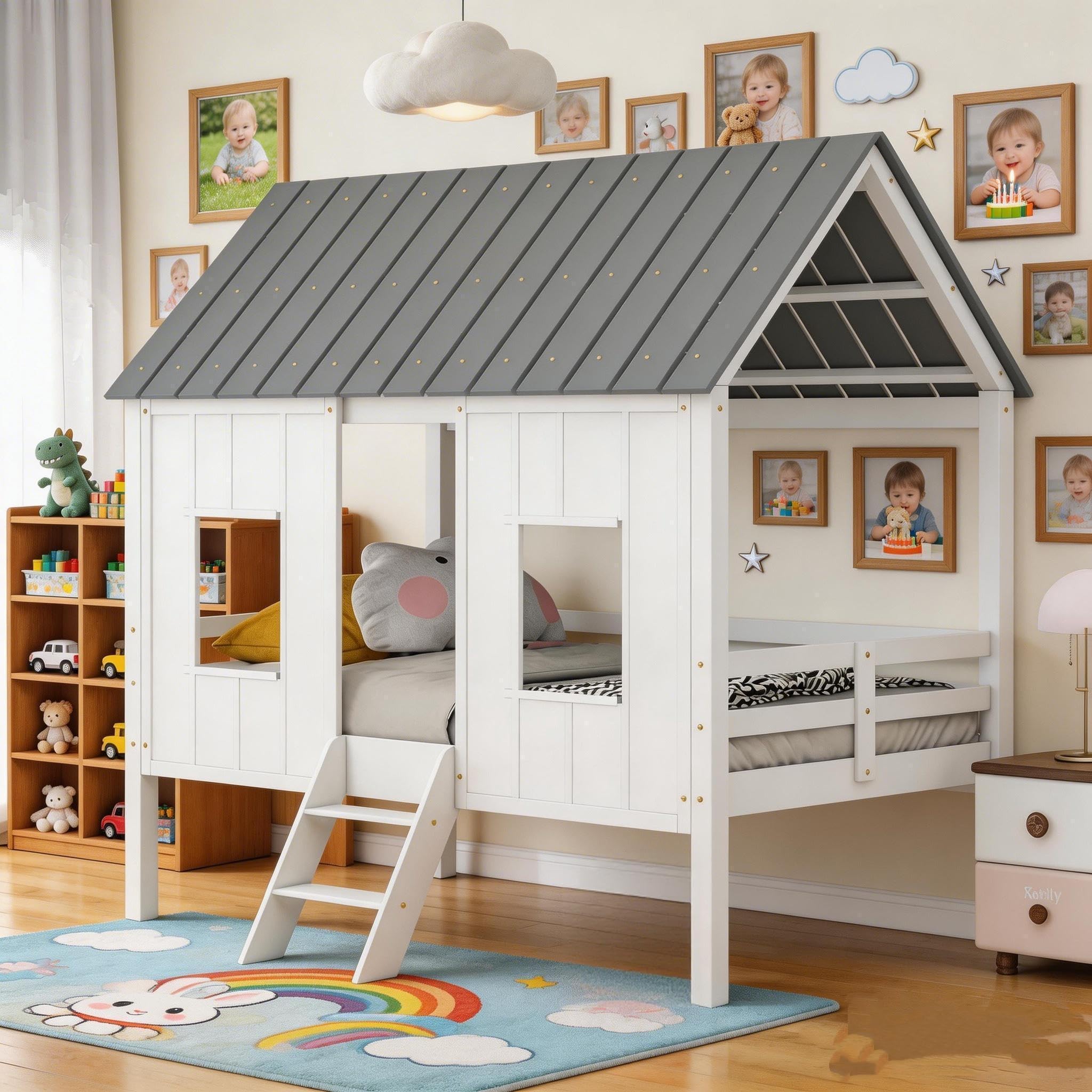 Kids Wood Low Loft Bed Frame Twin Size, House Loft Bed with Two Side Windows and Roof, Wooden House Loft Beds with Under-Bed Storage and Inclined Ladder for Boys Girls, Easy Assembly, White