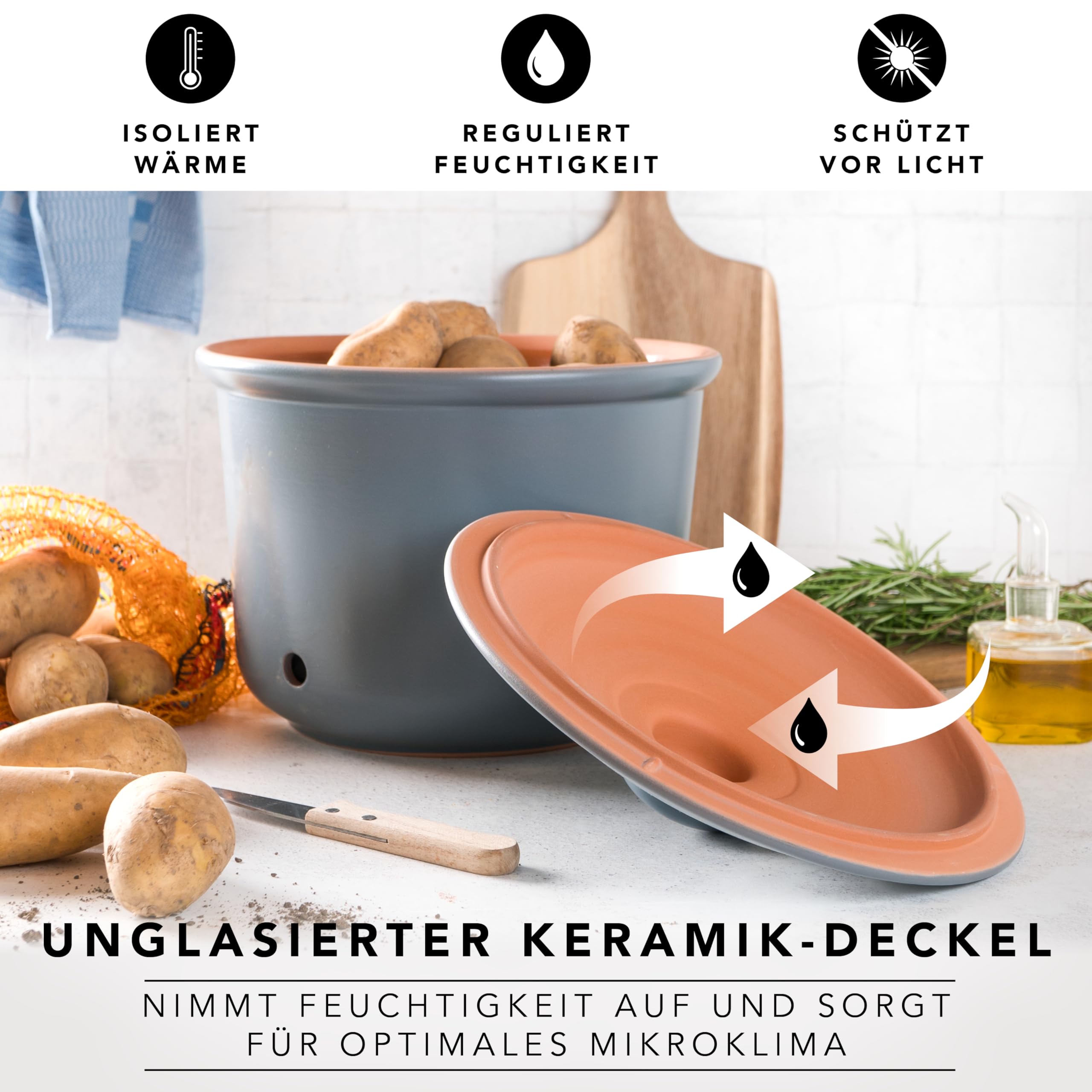 Römertopf Contenitore per Patate in Ceramica – Conserva Patate Fresche più a Lungo, Traspirante e Areato, Blu-Grigio, tradizione dal 1967