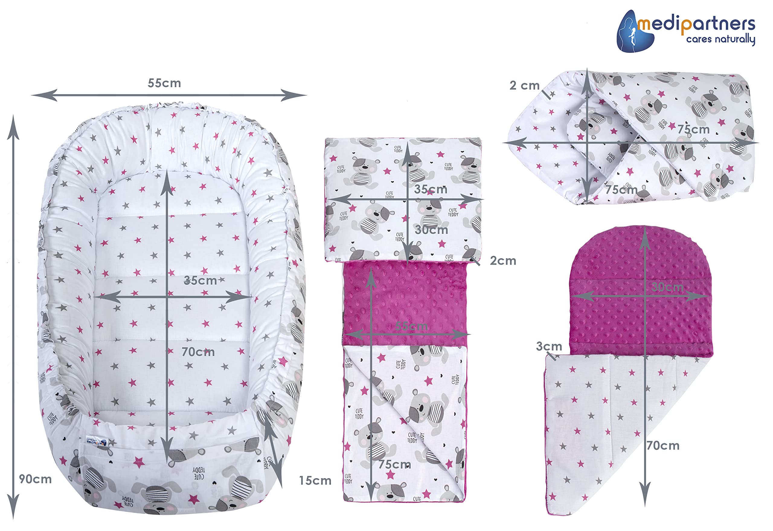 Medi Partners 5-Parti Nido per Bebè 100x60x15 Inserto Rimovibile Letto Cuscino Coperta bambini neonati 100% Cotone (Teddy con Minky rosa scuro)