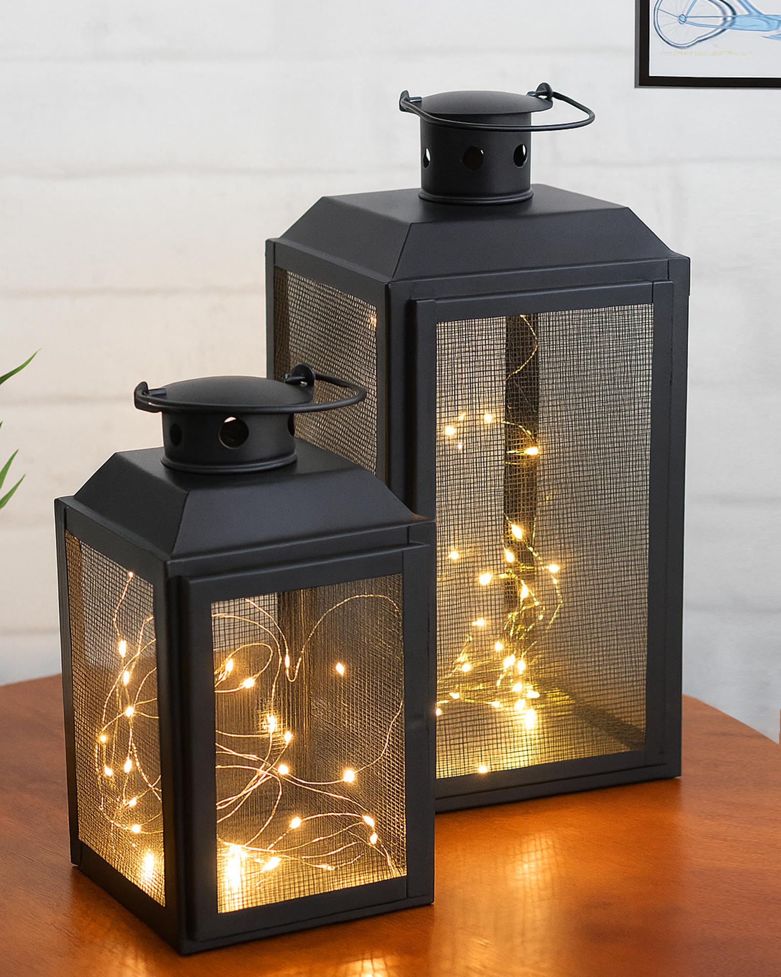 Homesake® Iron Lantern and Tealight Holder, Lights for Decoration, Home Decor Items with 20 Warm White LEDs Rice Lights for Decoration, Diwali Decor Items,Diwali Gift (Pack of 2 Lantern)-image-1