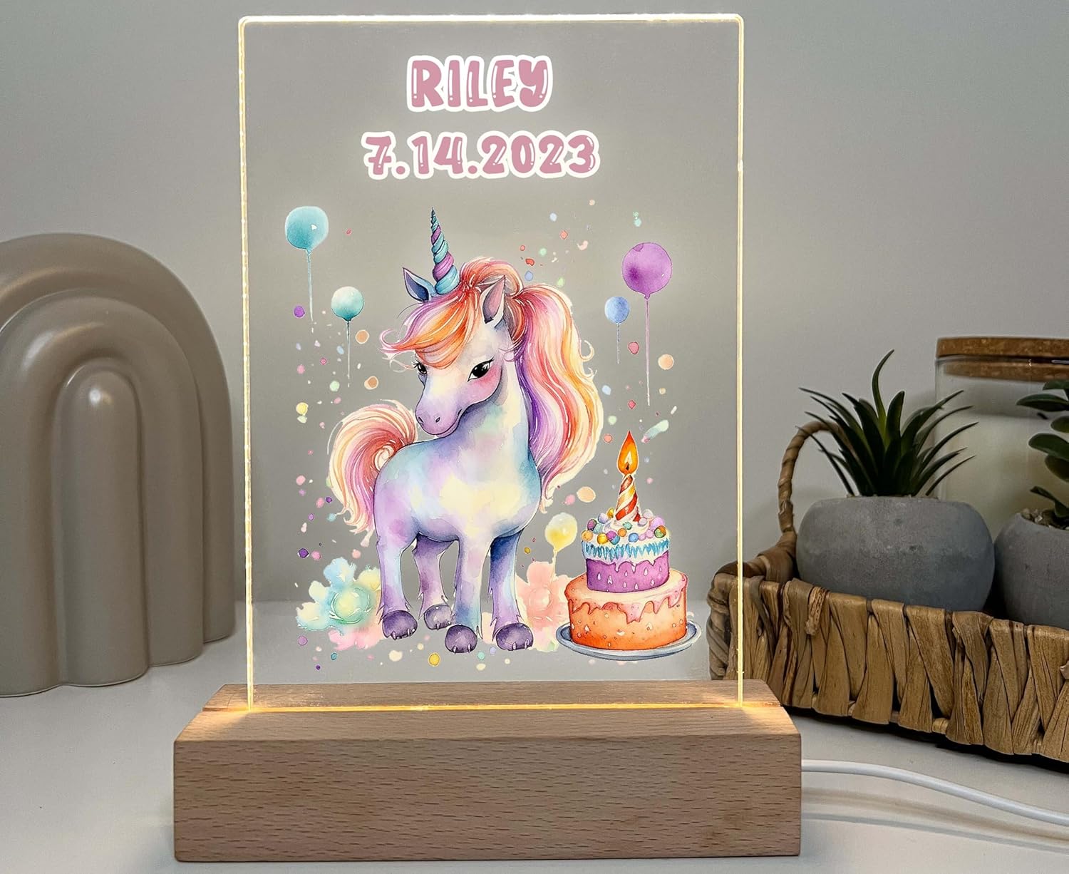 Princess Magical Colorful Unicorn LED Night Light Premium Wood Stand Display Desk or Table Lamp, Fantasy Fairy Tale Nighttime Gift for Kids, Girls Room Decor a Cool Fun Present | Personalized Free!