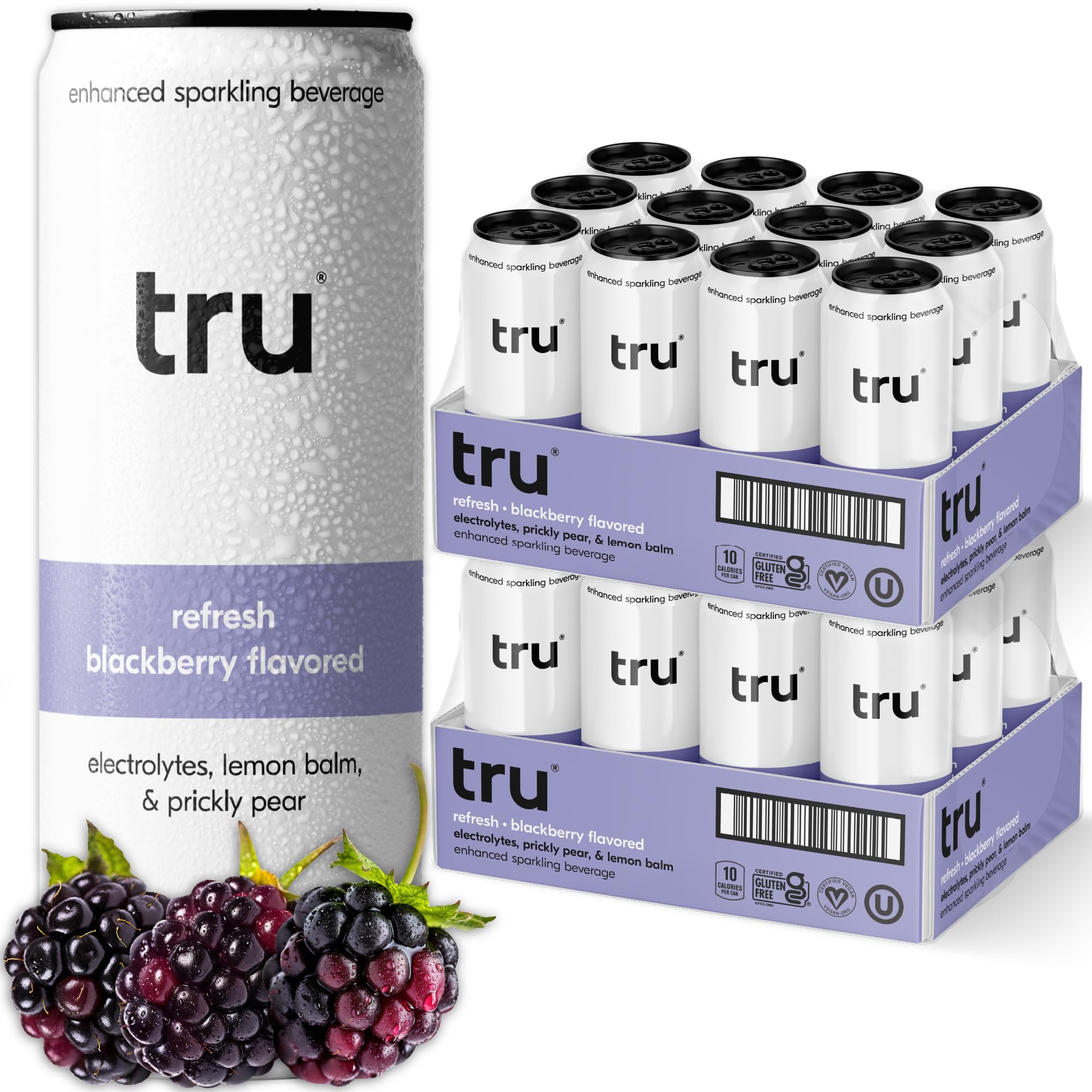 Tru Refresh Seltzer, Sparkling Water with Electrolytes, Prickly Pear, Lemon Balm & Real Blackberry Juice, Sweetened with Monk Fruit & Stevia, Gluten Free, Vegan, Caffeine Free, 12 FL OZ Cans, 12 Pack