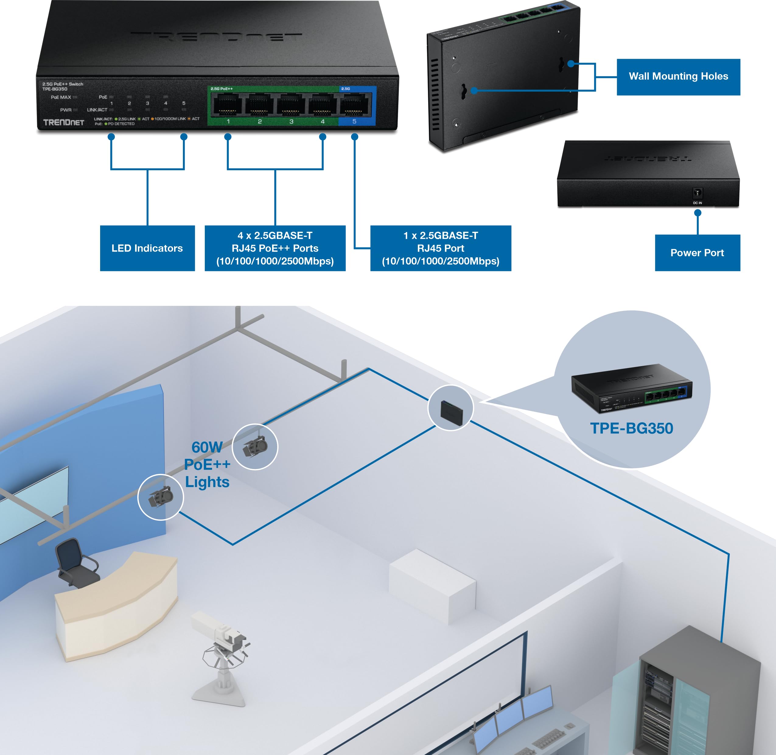 TRENDnet Commutateur PoE++ 5 ports 2,5 G, TPE-BG350, conforme NDAA + TAA, budget d'alimentation de 135 W, 95 W par port, capacité de commutation de 25 Gbit/s, répartiteur Ethernet, protection à vie