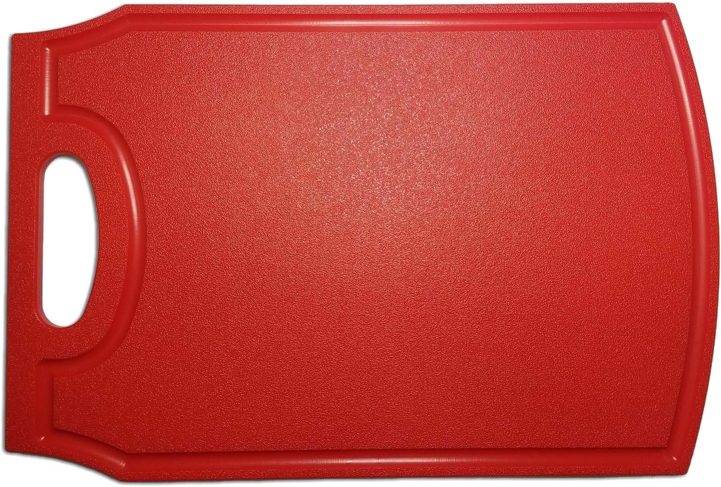 Plastic Kitchen Cutting Board, with Juice Groove and Handle – Non-Porous and Dishwasher Safe – Large 11” x 16” Board (Red)