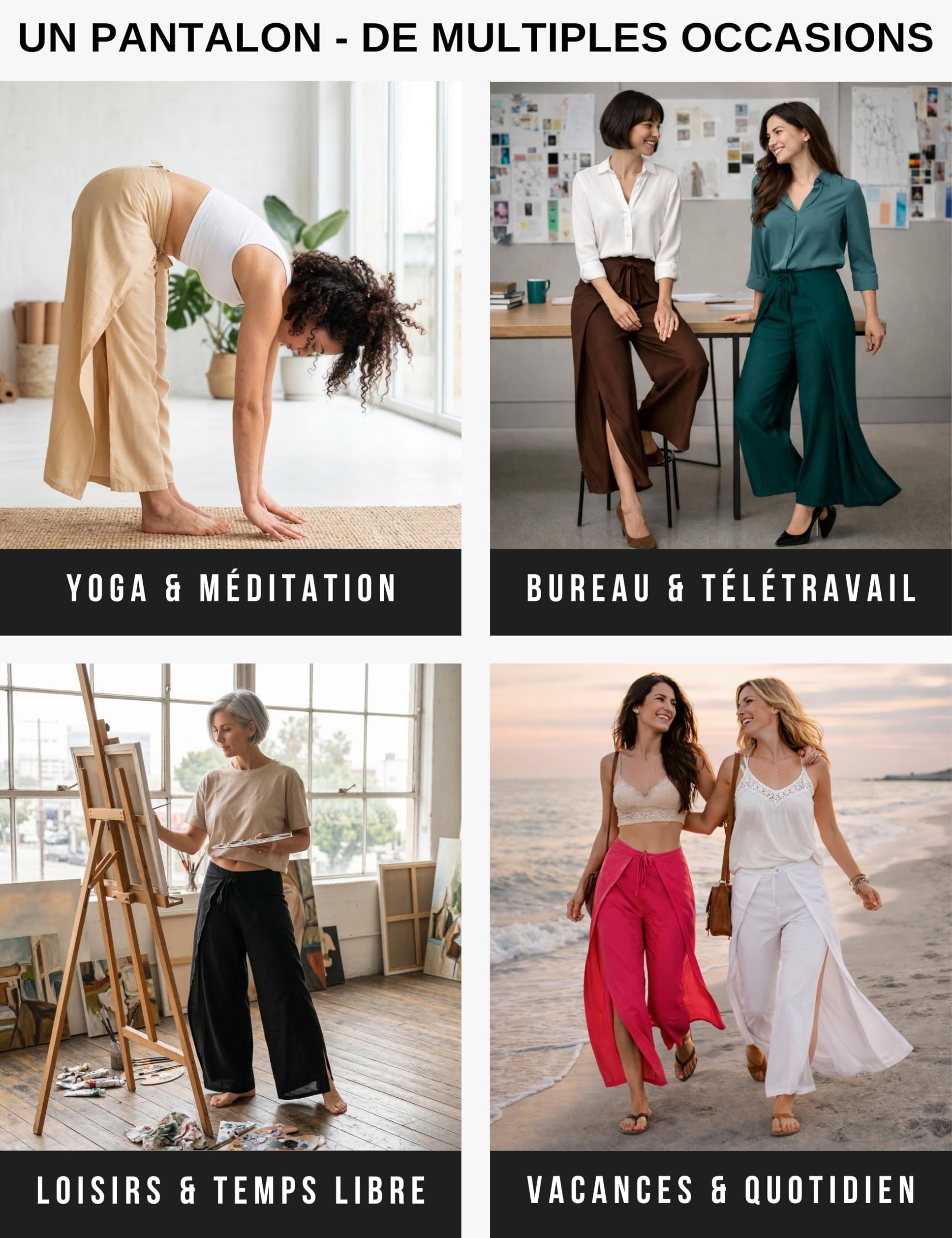 PANASIAM Pantalon Palazzo Portefeuille Femme Uni - Pantalon Large Élégant en Viscose - Pantalon d’Été Léger Style Bohème - Coupe Droite Sunshine Pants