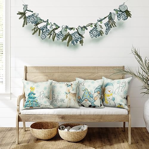 Miniatura 7 de Juego de 4 fundas de almohada de Navidad de 18 x 18 pulgadas, fundas decorativas de invierno, para sofá, decoración de casa rural (árbol de Navidad,