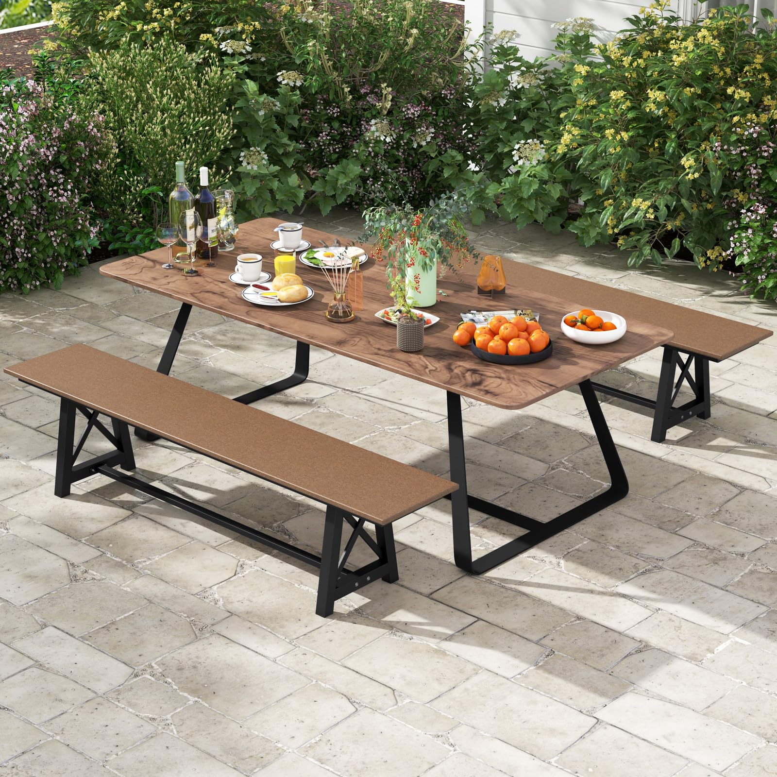 KOMFOTTEU Panchina da Giardino 3-4 Posti, Portata 500 kg | Panchina da Esterno in HDPE e Metallo, per Cortile, Parco, Terrazzo, 183 x 35 x 41,5 cm, Marrone e Nero