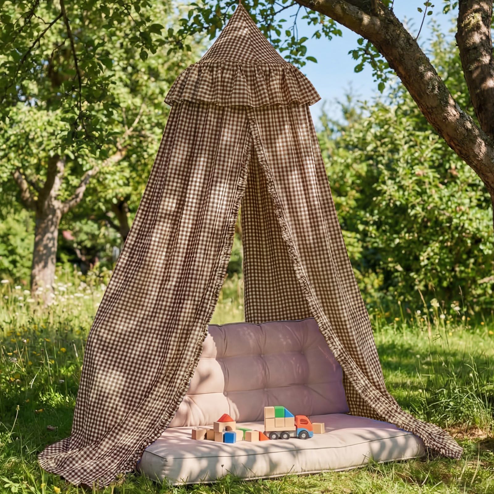 SmoothNovelty Gingham Plaid Bed Canopy with Ruffles Soft Vintage Style Decorative Tent for Reading Nook Play Area or Adult Bedroom Circus Tent Canopy(Brown)