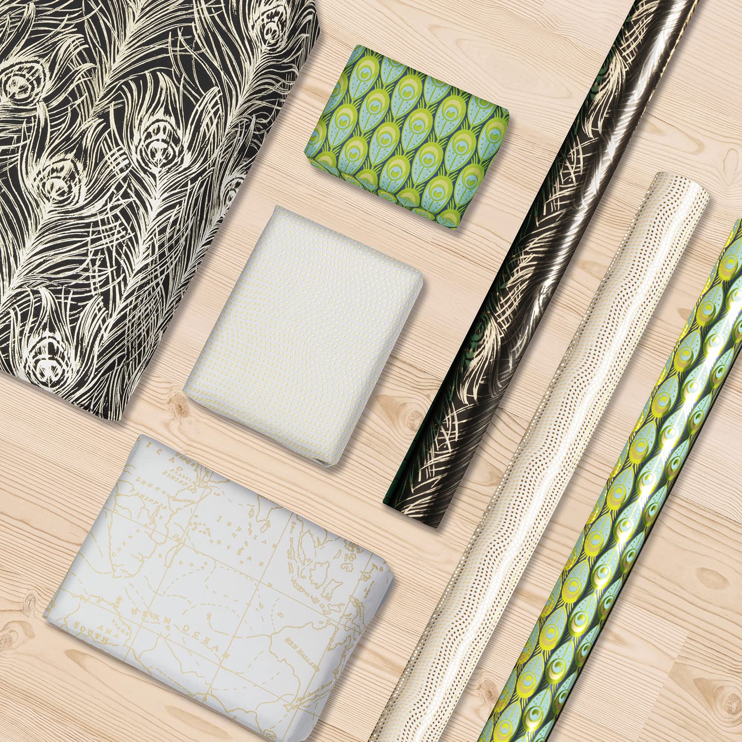 Clairefontaine 212871AMZC - Un Carton De 10 Rouleaux De Papier Cadeau - Papier Premium 80g - Dimensions : 2x0,70m - Motif : Brillant, Noir, Blanc, Vert, Plume, Voyage, Planisphère - Emballage Cadeau
