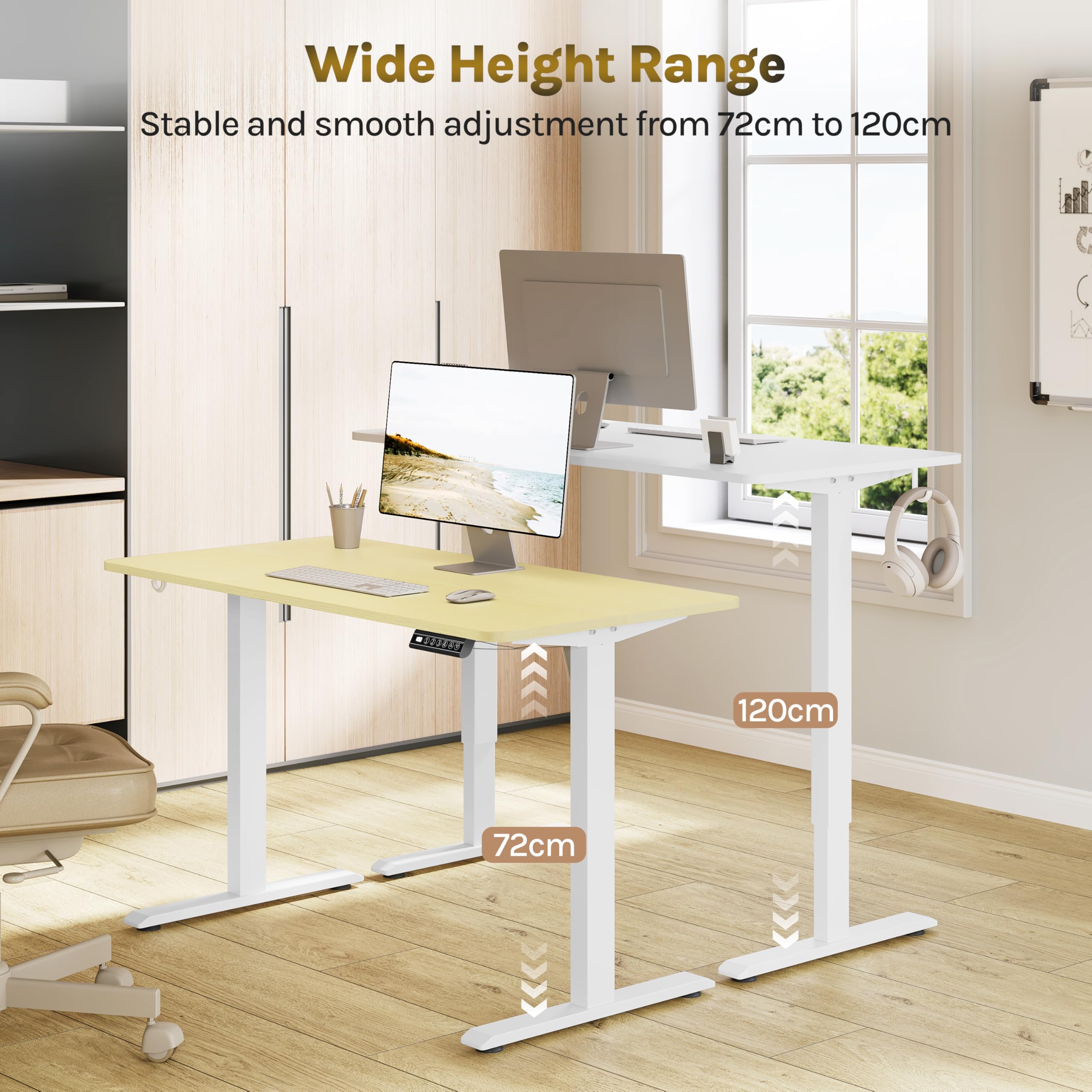 WOLTU In hoogte verstelbaar bureau, elektrisch met tafelblad 120 x 60 cm, traploos in hoogte verstelbaar, tafel met 4 geheugenbesturingen, eiken wit frame, TS162eiw