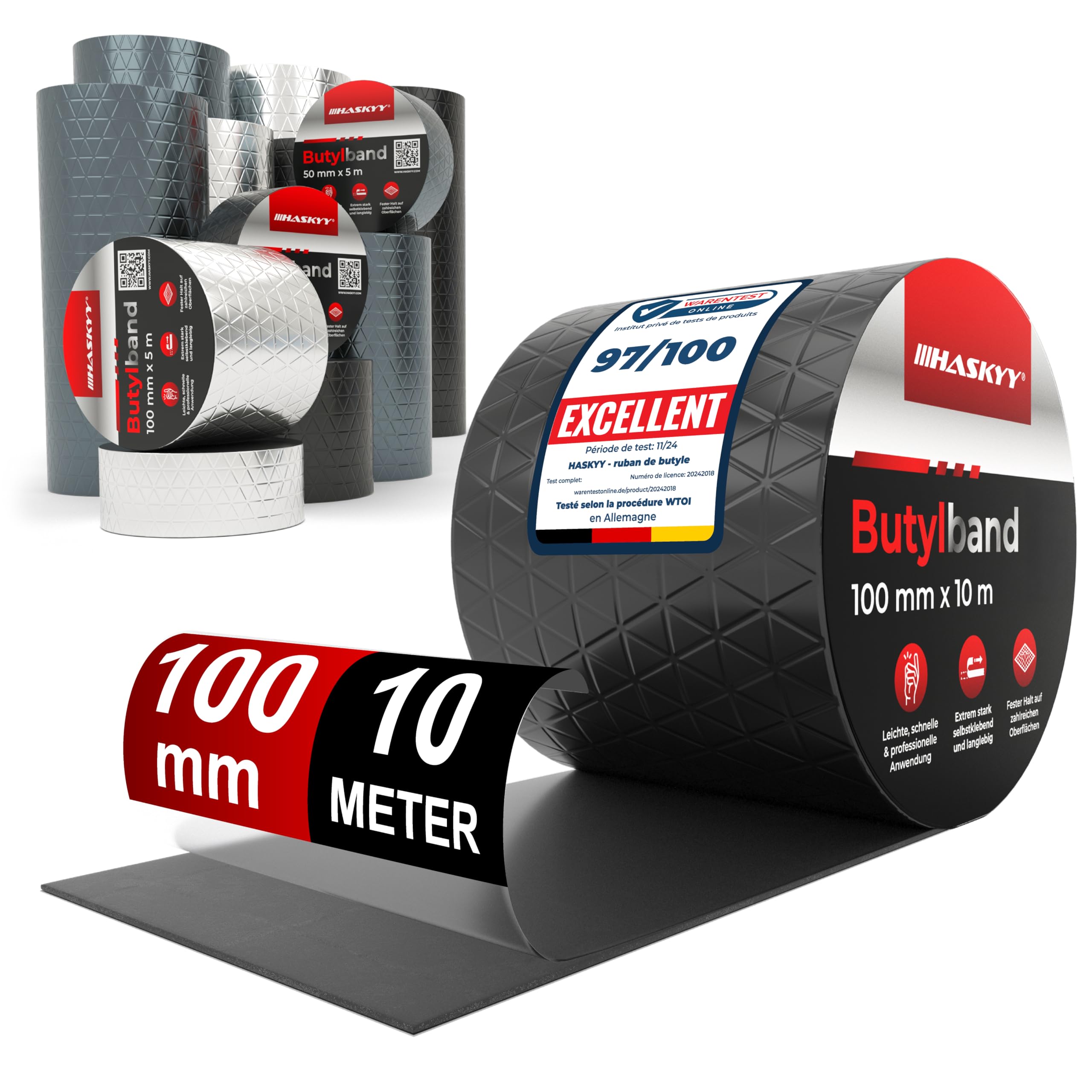 Ruban d'étanchéité en butyle HASKYY 100mm x 10m bande adhésive aluminium imperméable noir