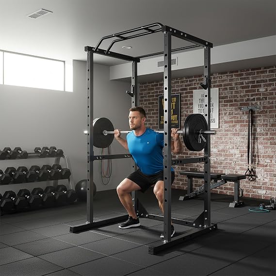 Power Cage for Home Gym with Pull Up Bar, Power Rack with 1200LBS Weight Capacity, Multi-Function Squat Rack with Non-Slip Base, Adjustable Barbell Protection Frame, J-Hooks