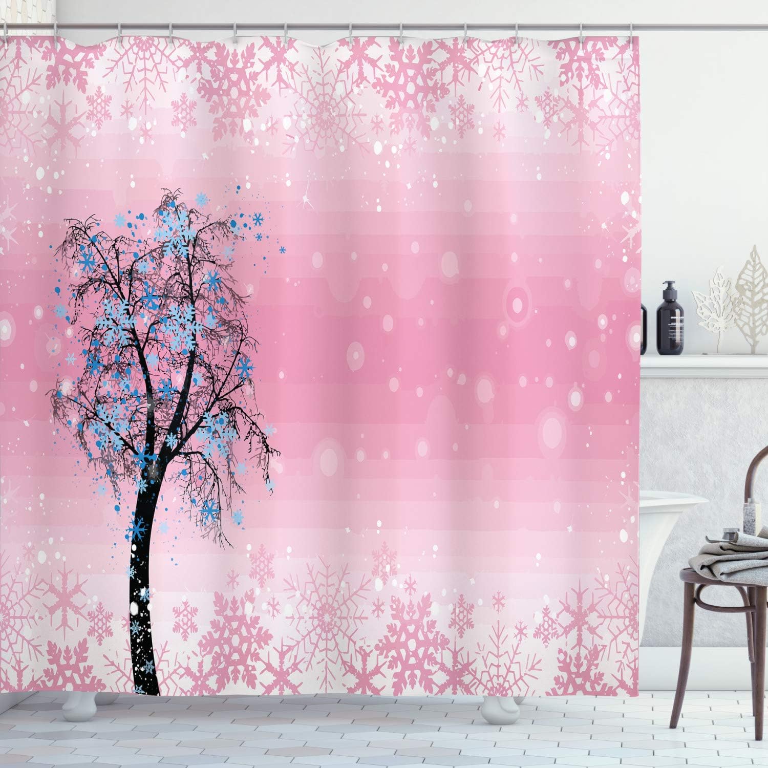 Ambesonne Pale Pink Shower Curtain, Christmas Snowflakes Tree with Blue Leaves Winter Cheerful Noel Art Image, Cloth Fabric Bathroom Decor Set with Hooks, 69" W x 70" L, Pink Black